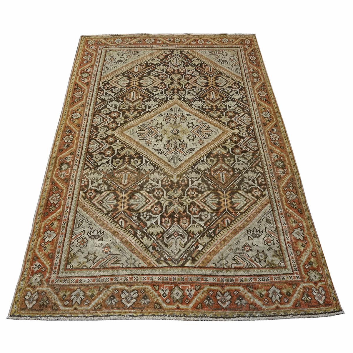 Ashly Fine Rugs presents a 1930s Antique Persian Mahal 4 x 6 handmade area rug #1142800. This beautiful Antique Persian rug is in good to excellent condition and has a brown background with the border, design, and details consisting of rust, tan,