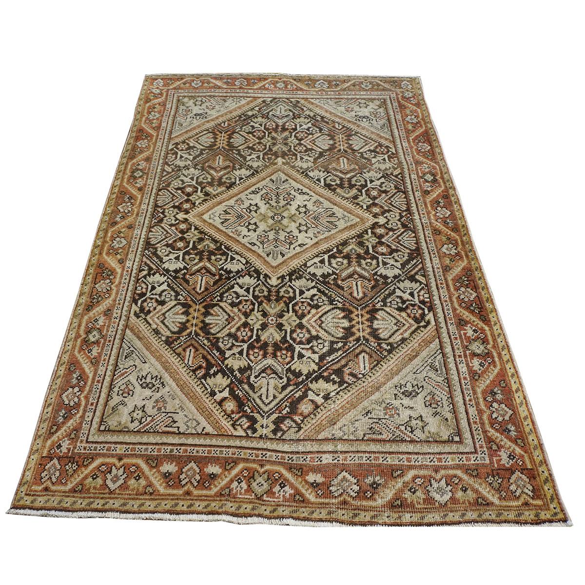 Hand-Woven 20th Century Antique Persian Mahal 4x6 Brown & Rust Handmade Area Rug For Sale