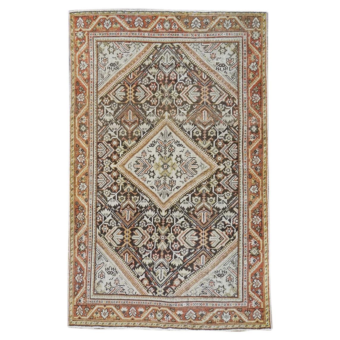 20th Century Antique Persian Mahal 4x6 Brown & Rust Handmade Area Rug For Sale