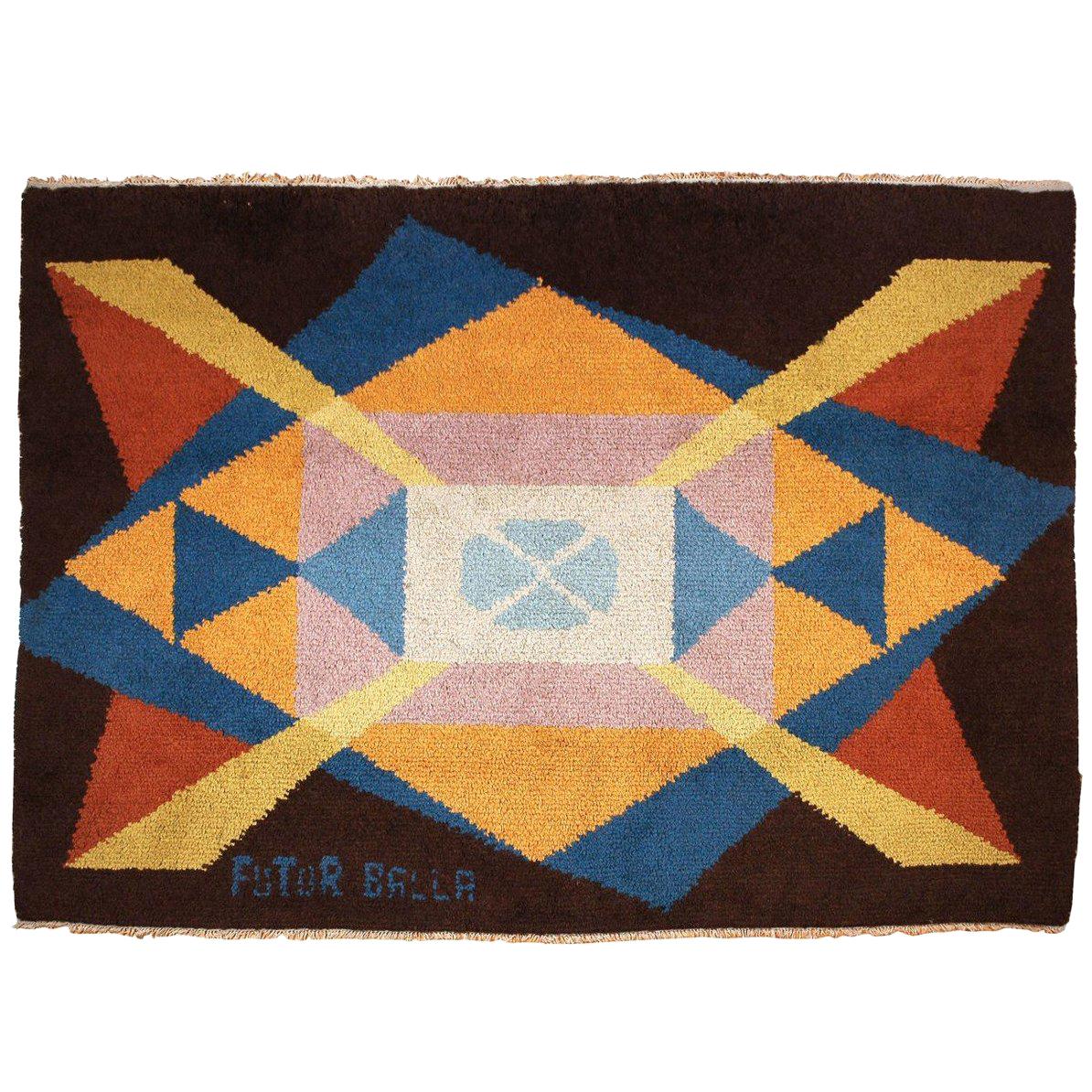 Tappeto geometrico Giacomo Balla del XX secolo, 1987, marrone, giallo e blu, a tiratura limitata. in vendita