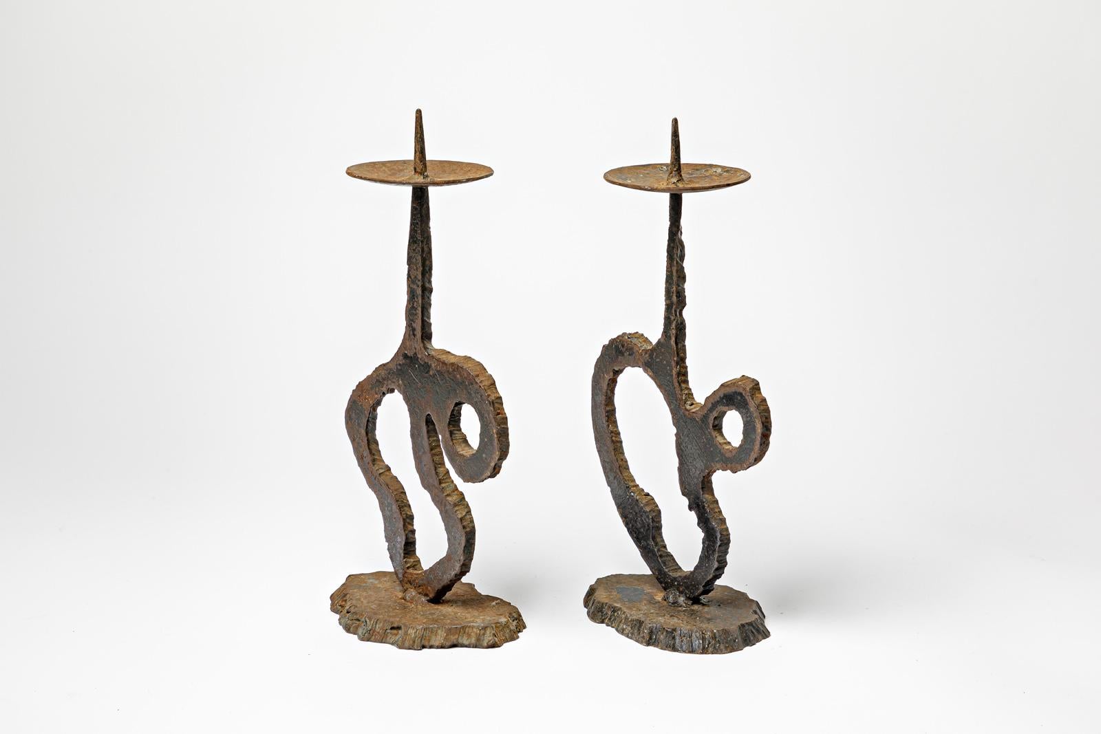 French 20th century brutalist black metal candlesticks circa 1960 french unique design For Sale