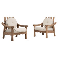 Poltrone brutaliste del XX secolo in Oak, coppia con struttura in legno massiccio