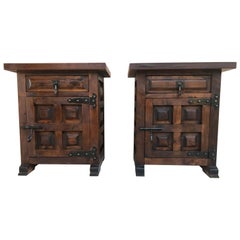 20th Century Brutalist Pair of Spanish Nightstands with Carved Drawer and Door