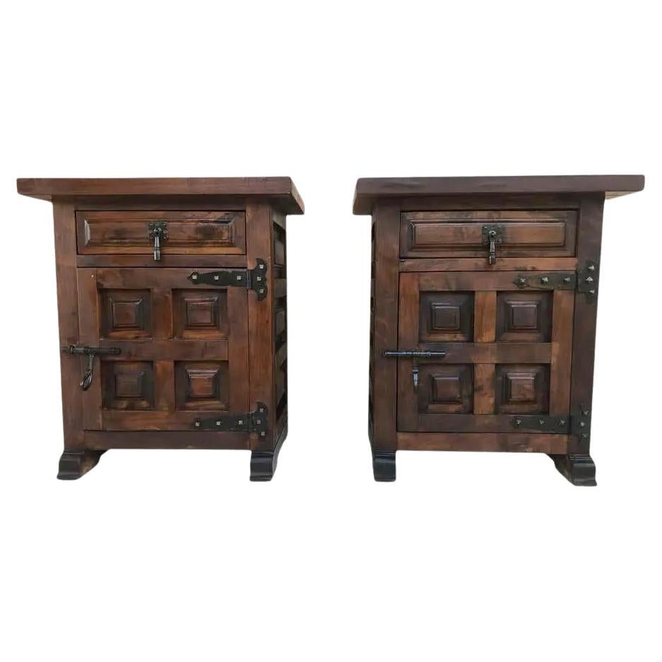 20th Century Brutalist Spanish Nightstands With Carved Drawer and Door - a Pair