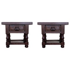 20th Century Brutalist Spanish Nightstands with Drawer and Iron Hardware