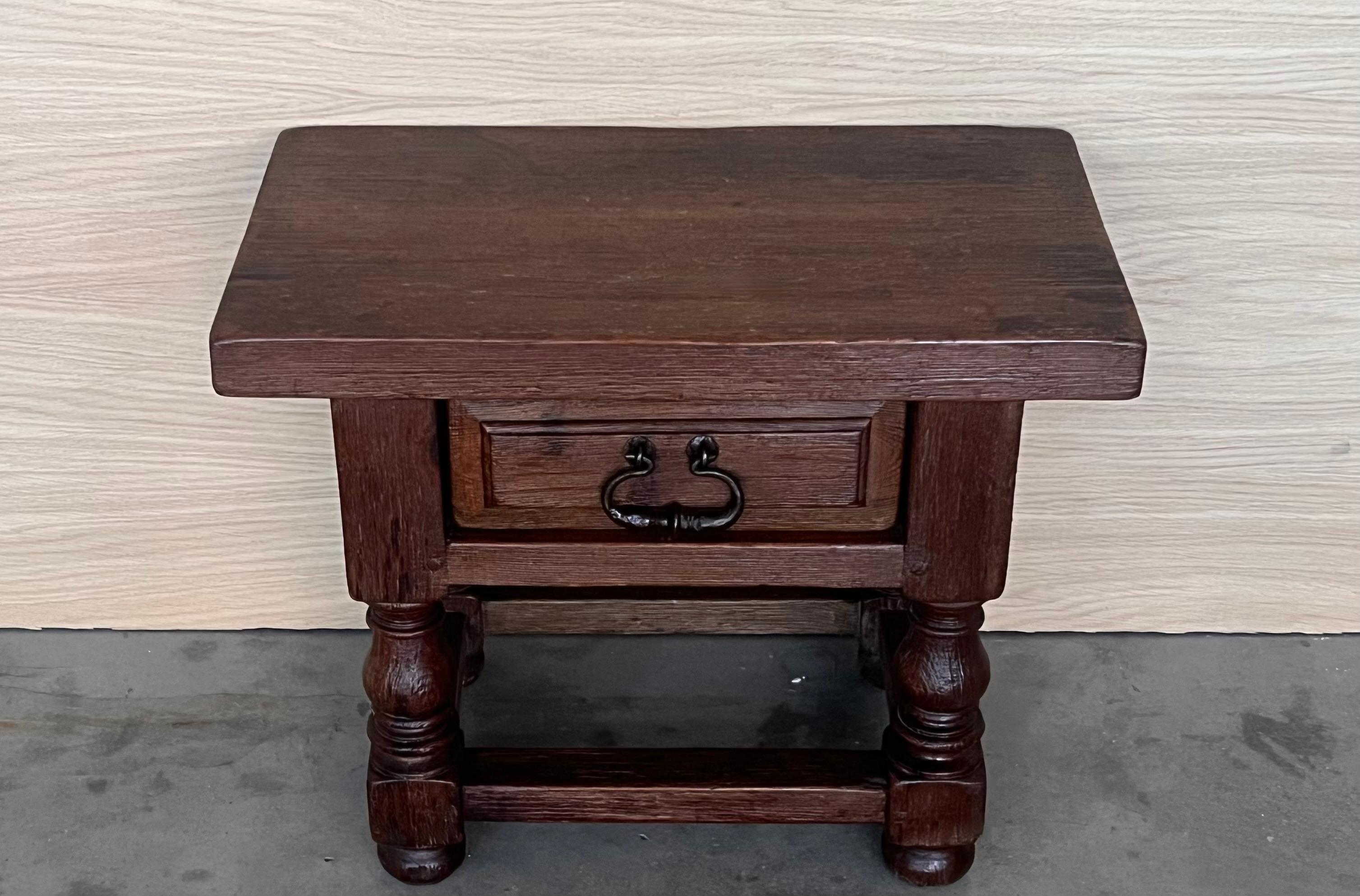 Carved 20th Century Brutalist Spanish Nightstands with Drawer and Iron Hardware For Sale