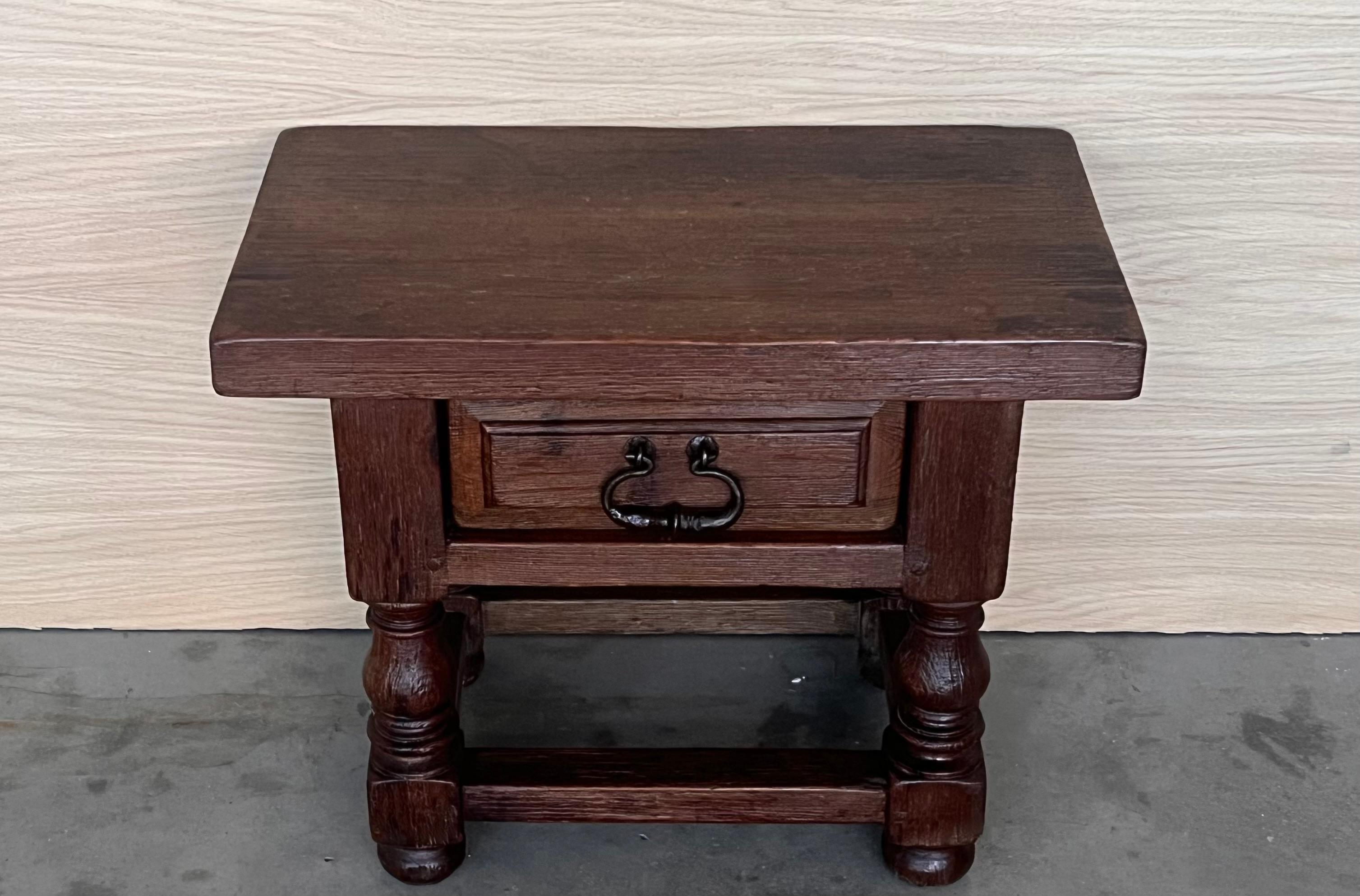 Carved 20th Century Brutalist Spanish Nightstands with Drawer and Iron Hardware
