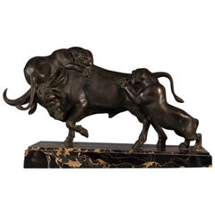 20th Century Buffalo and Tigers Spelter Sculpture by Rochard