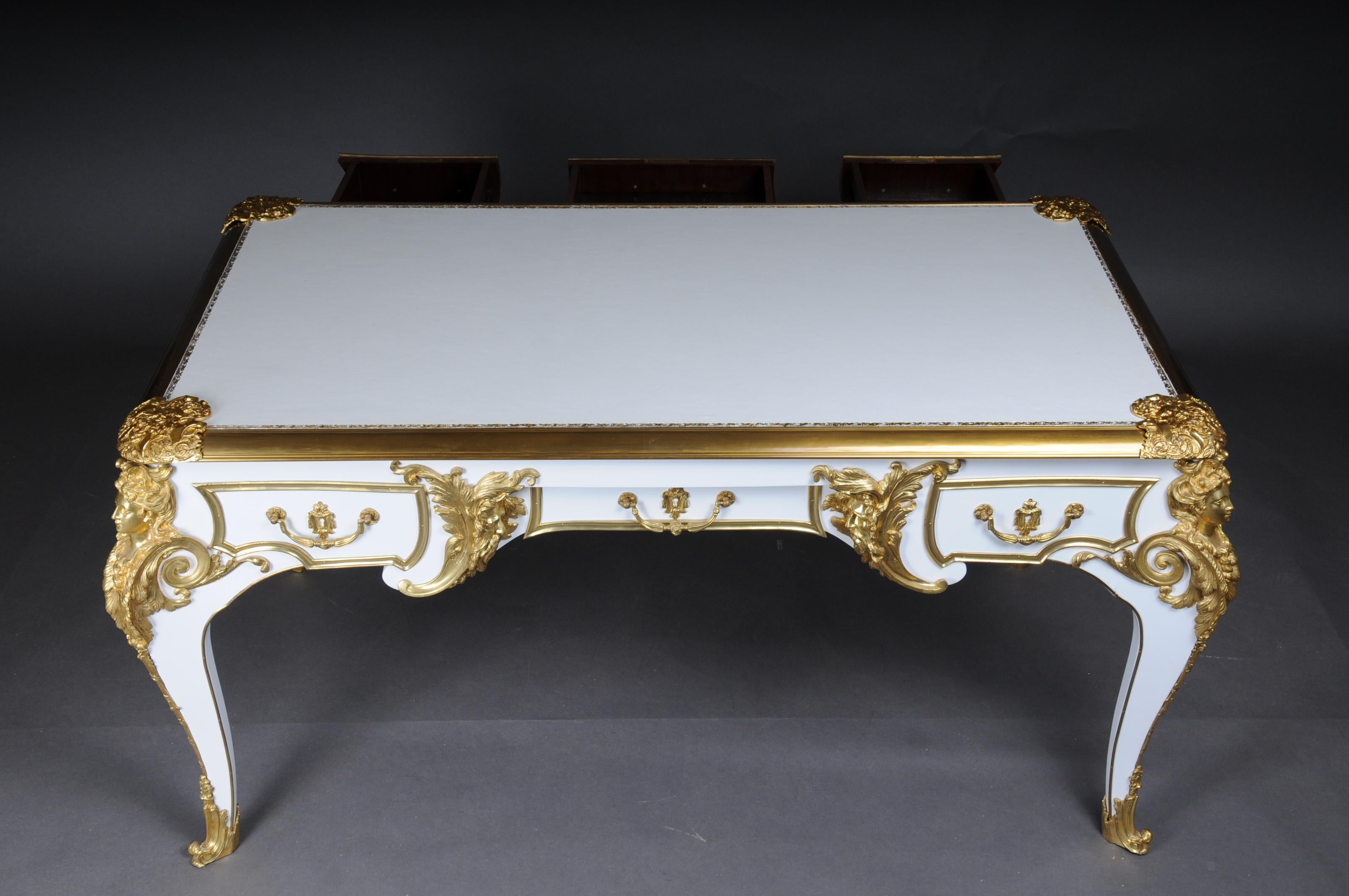 20th Century Bureau Plat/Desk high gloss white with gold after C. Boulle For Sale 9