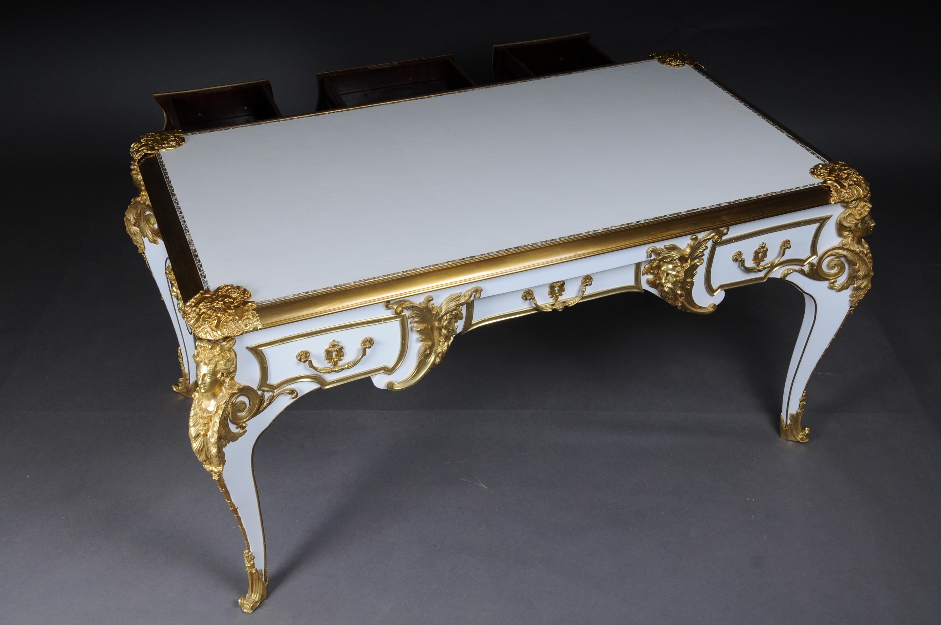 20th Century Bureau Plat/Desk high gloss white with gold after C. Boulle For Sale 10