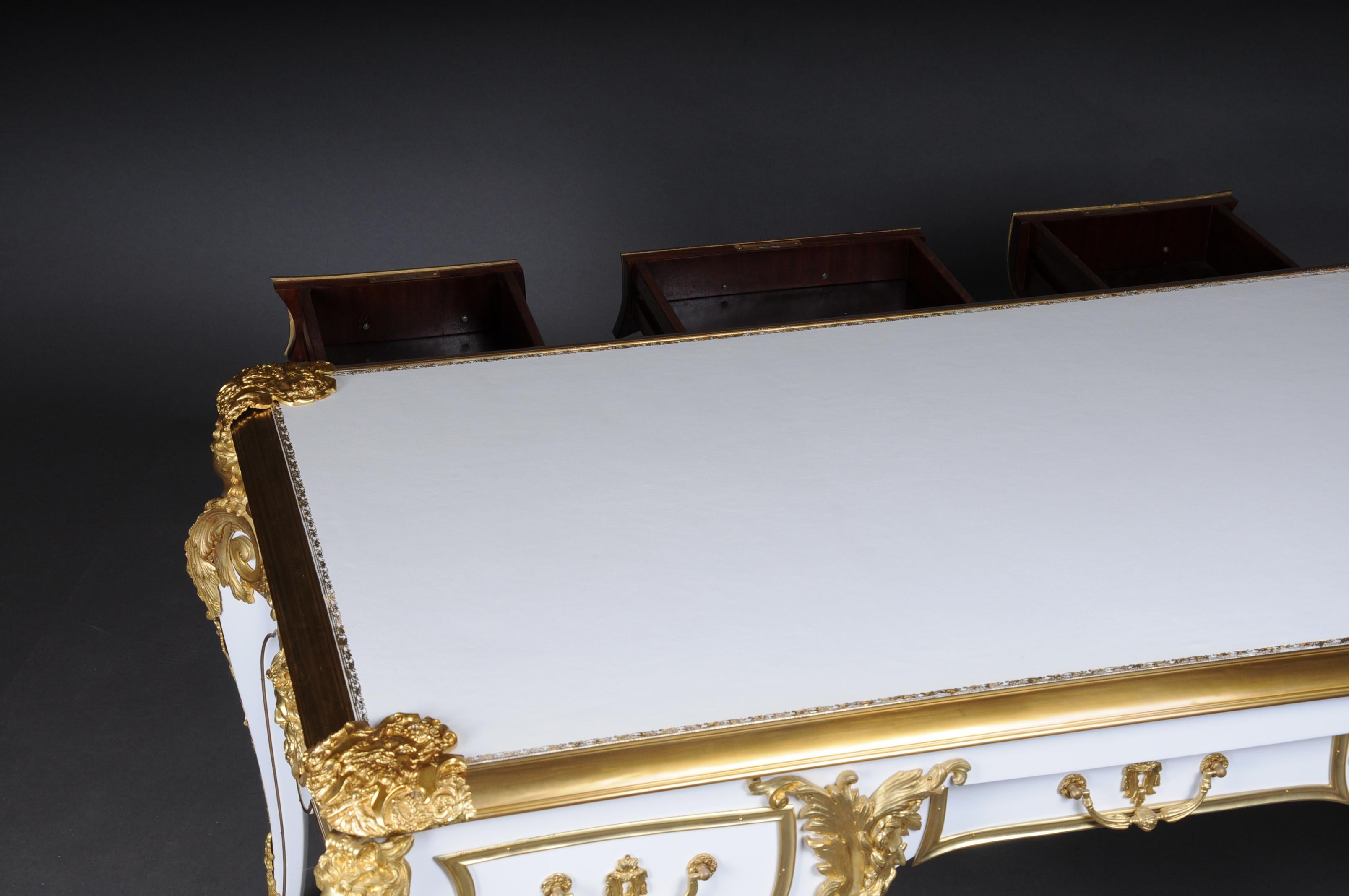 20th Century Bureau Plat/Desk high gloss white with gold after C. Boulle For Sale 11