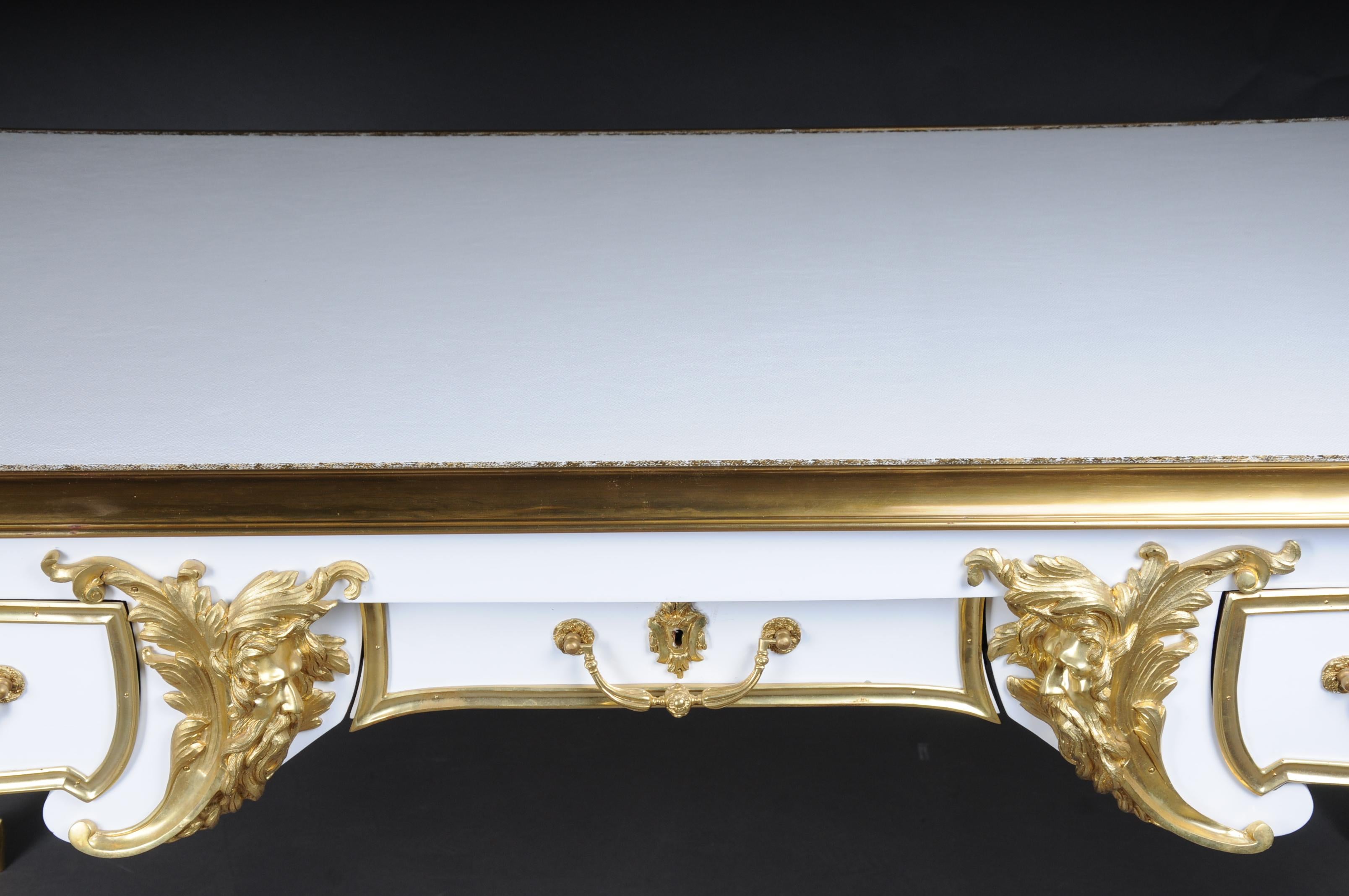 French 20th Century Bureau Plat/Desk high gloss white with gold after C. Boulle For Sale