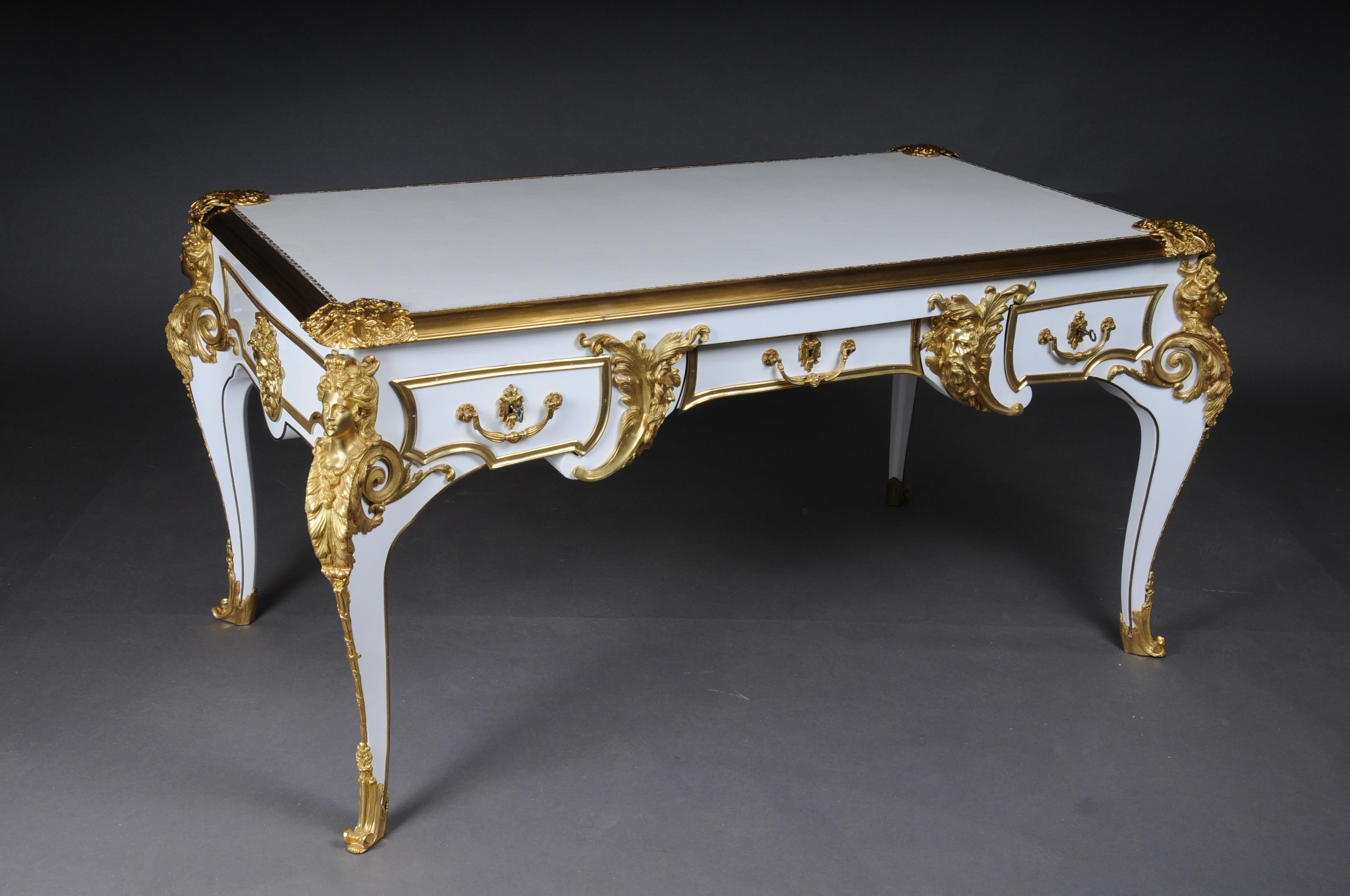 Gilt 20th Century Bureau Plat/Desk high gloss white with gold after C. Boulle For Sale