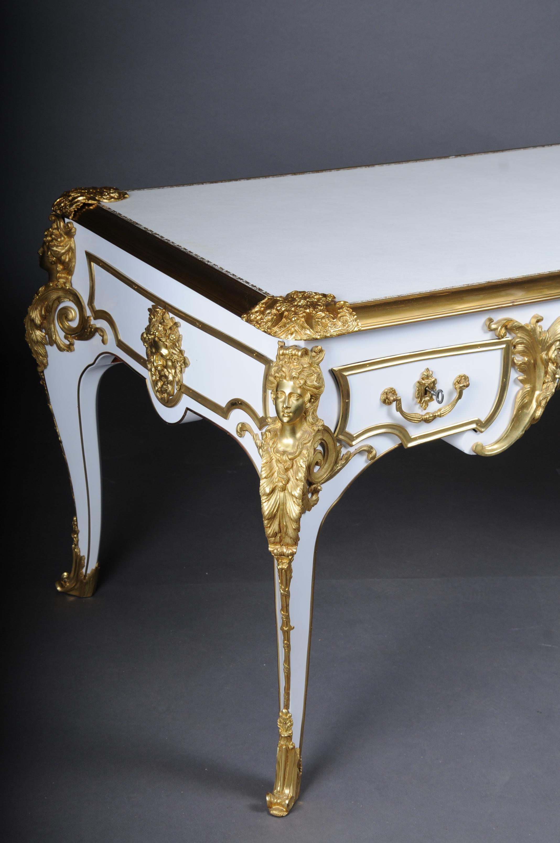 Leather 20th Century Bureau Plat/Desk high gloss white with gold after C. Boulle For Sale