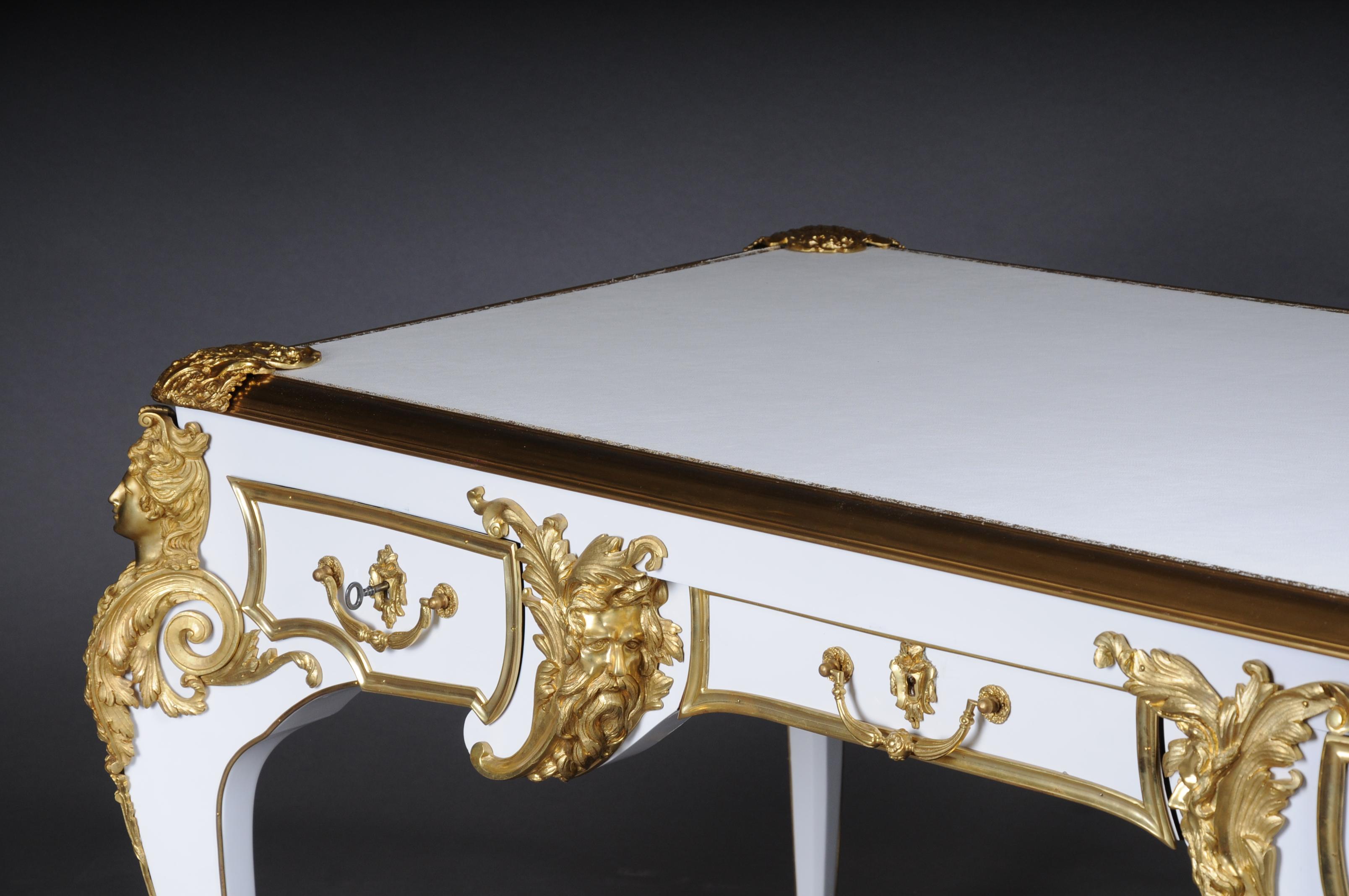 20th Century Bureau Plat/Desk high gloss white with gold after C. Boulle For Sale 2