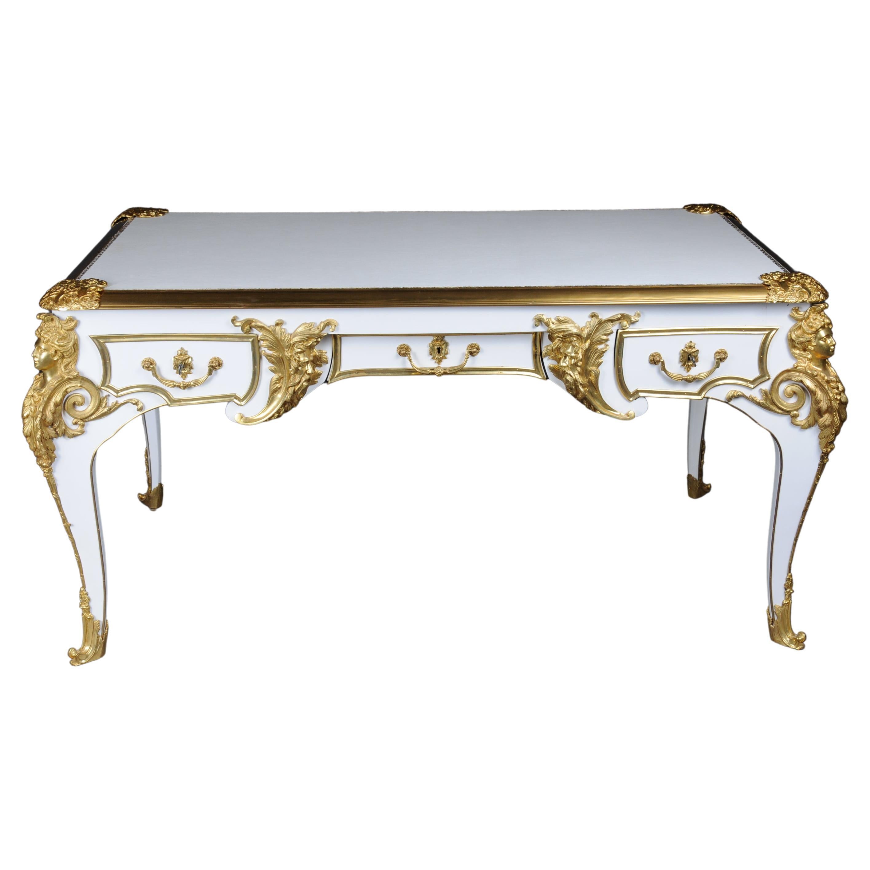 20th Century Bureau Plat/Desk high gloss white with gold after C. Boulle For Sale