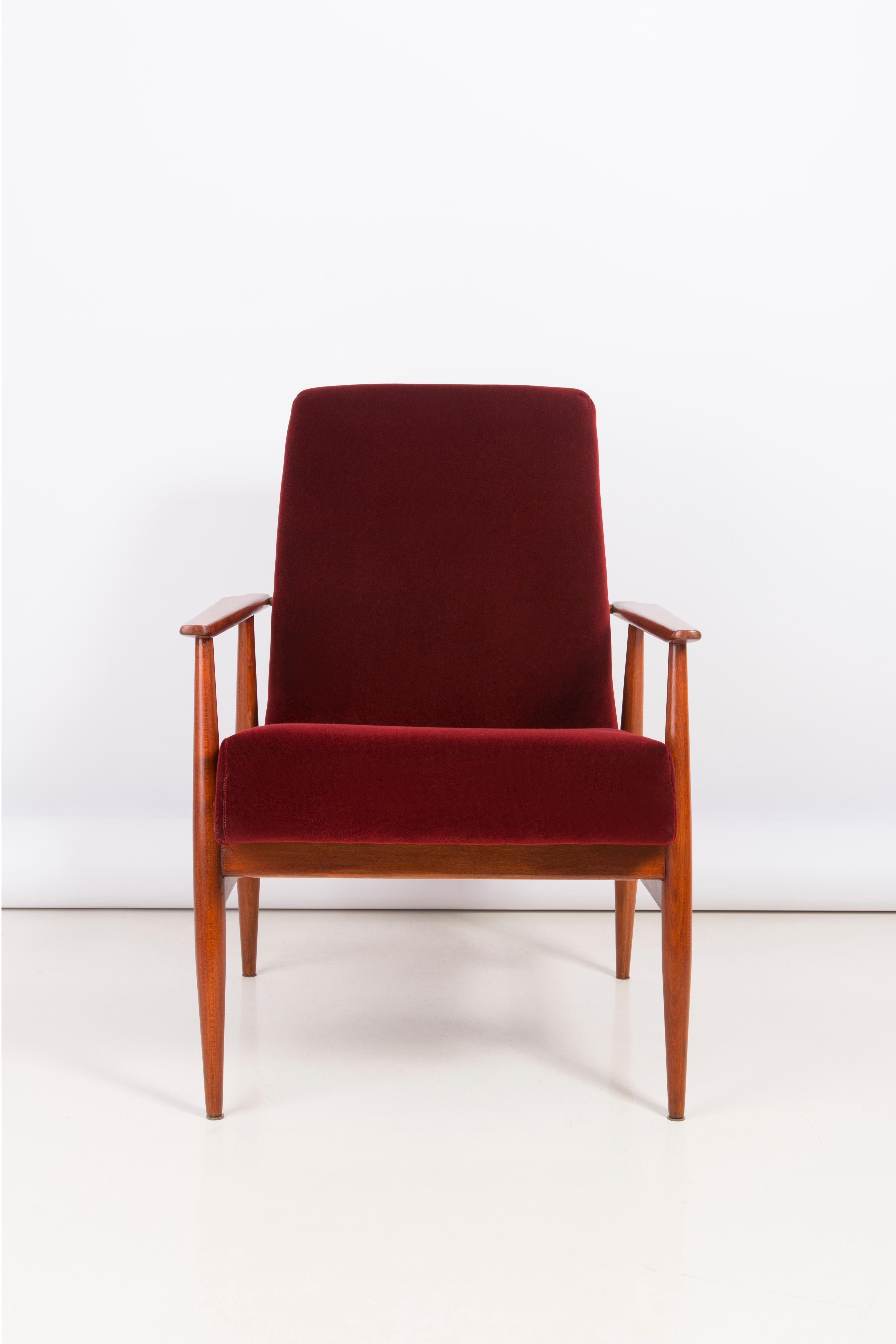 Velvet 20th Century Burgundy Dark Red Dante Armchair, H. Lis, 1960s For Sale