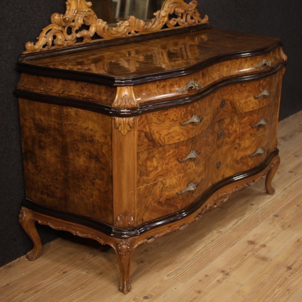 20th Century Burl Walnut Beech Ebonized Wood Italian Dresser with Mirror, 1950  In Good Condition In Vicoforte, Piedmont