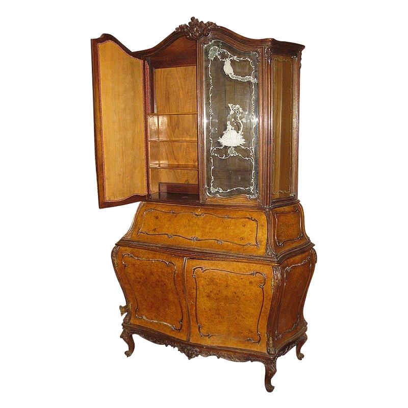 20th Century Burl Walnut Bombe Secretary Bookcase with Etched Glass Doors