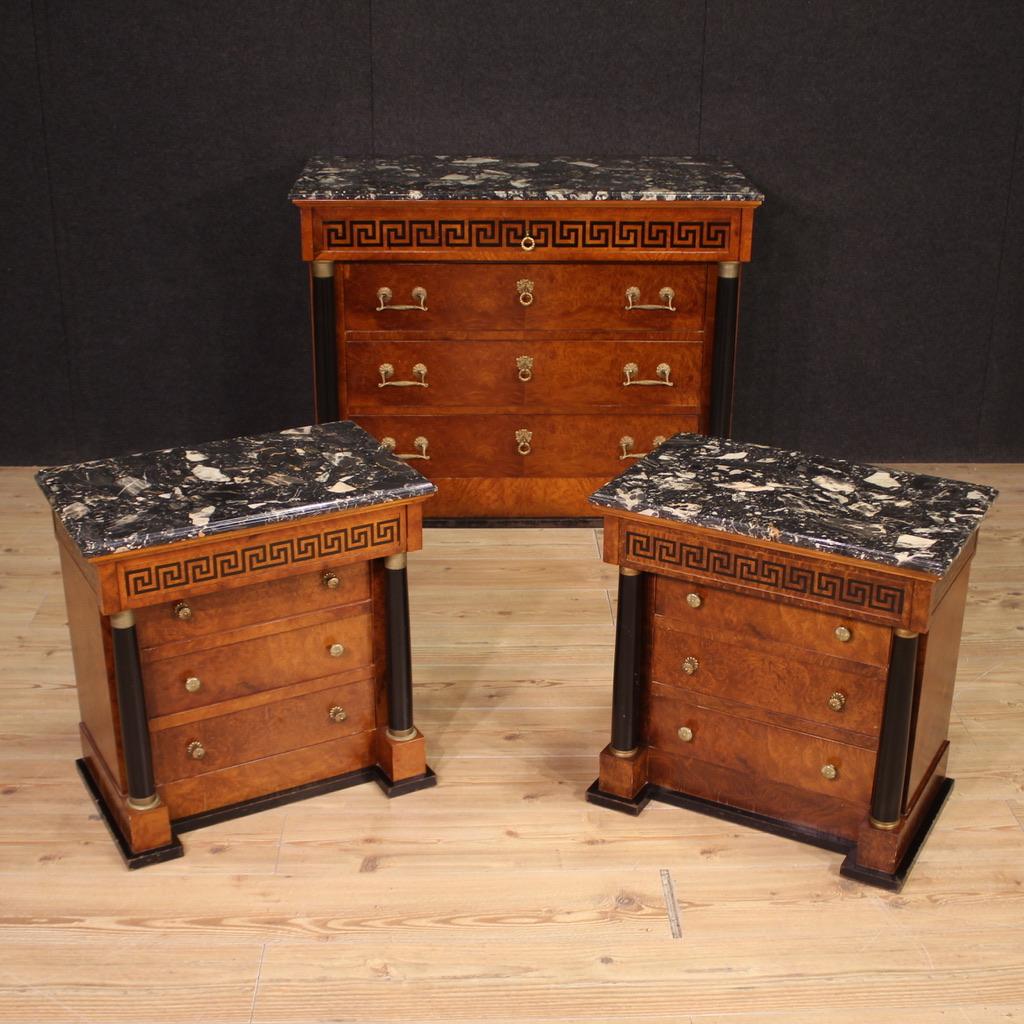 Stile impero 20th Century Burl Wood Marble Top Italian Empire Style Commode, 1970 in vendita
