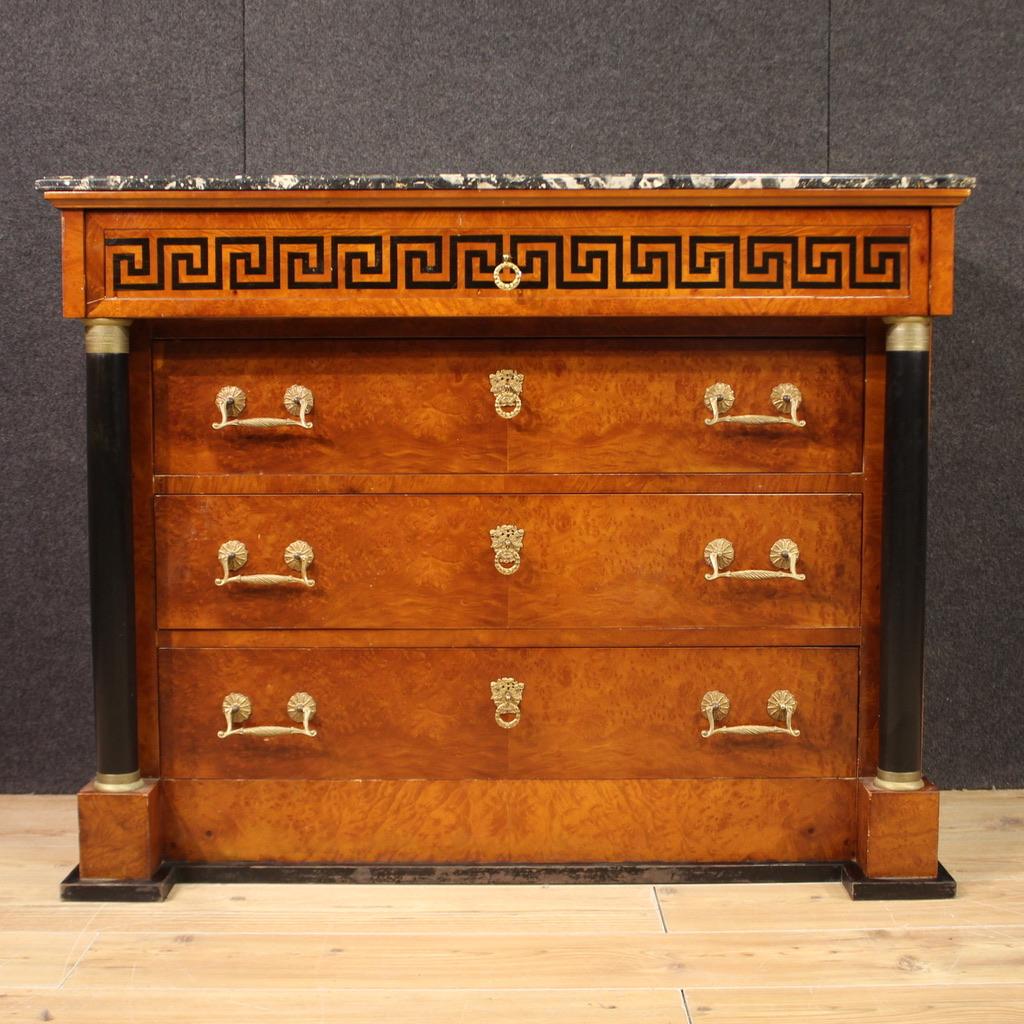 20th Century Burl Wood Marble Top Italian Empire Style Commode, 1970 In condizioni buone in vendita a Vicoforte, Piedmont