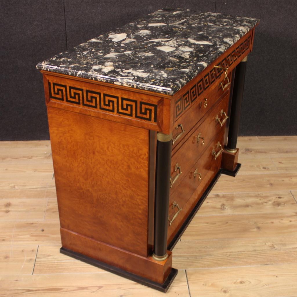 Marmo 20th Century Burl Wood Marble Top Italian Empire Style Commode, 1970 in vendita