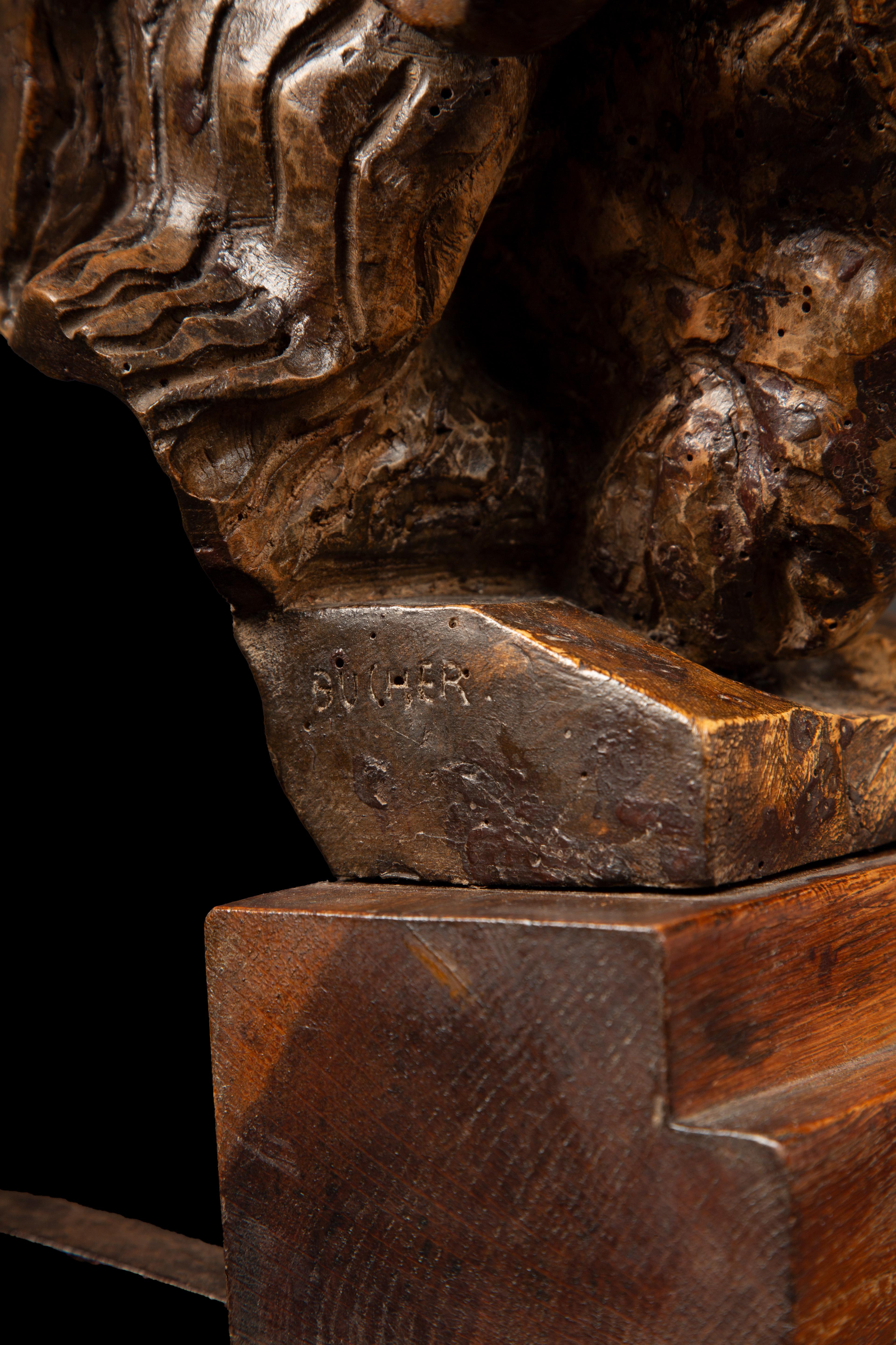 Français Sculpture en bois de ronce du 20e siècle représentant une tête de bélier par Edwin Bucher (1879-1968) en vente