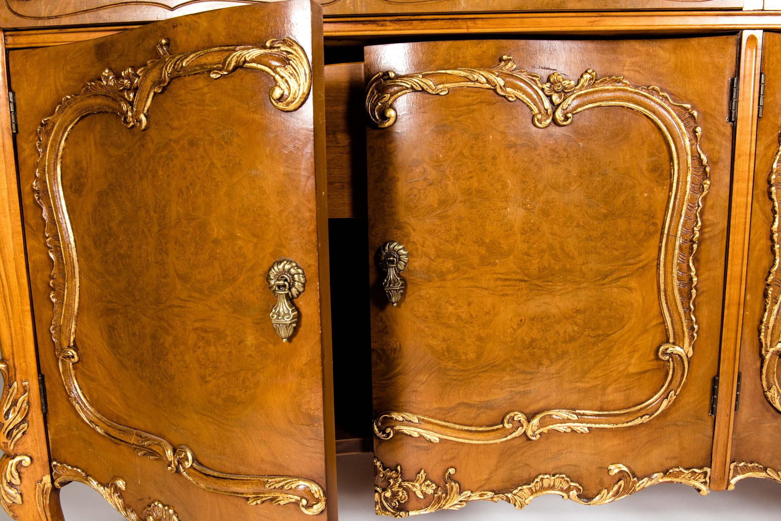 Italian 20th Century Burlwood Side Board / Gold Design Details