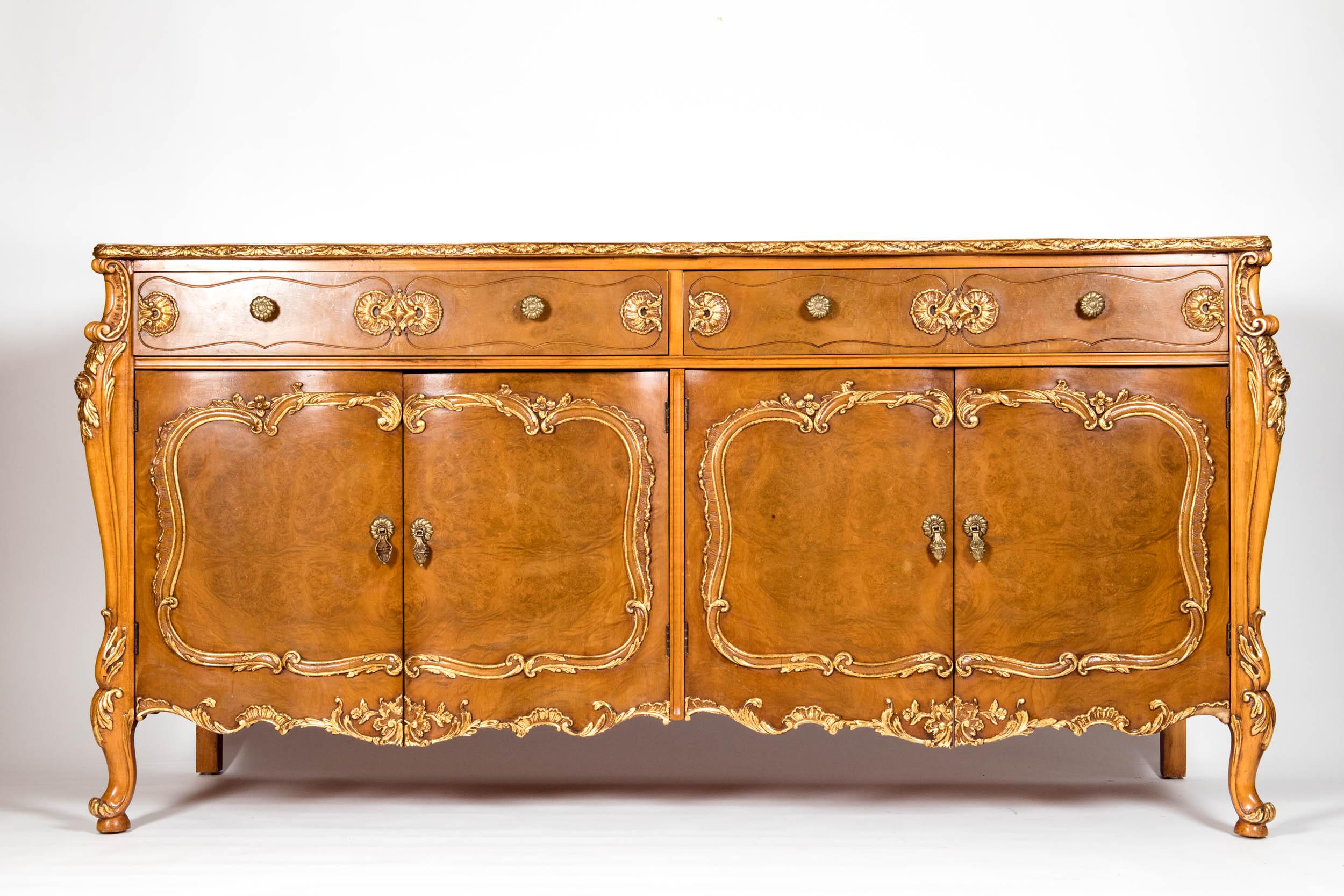 Early 20th Century 20th Century Burlwood Side Board / Gold Design Details