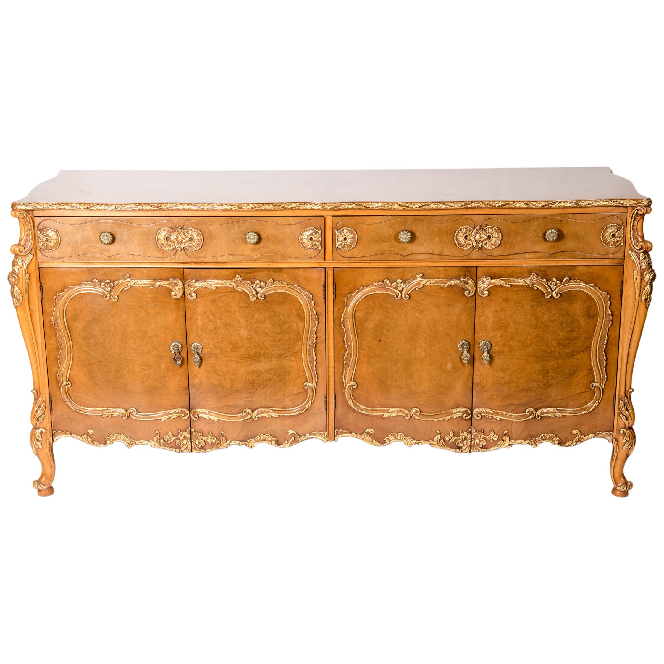 20th Century Burlwood Side Board / Gold Design Details