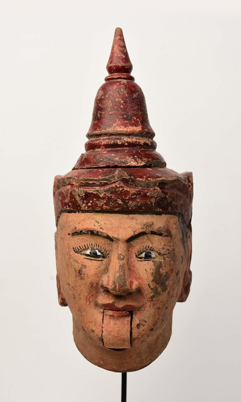 Burmese puppet head was mainly used in the puppet show. 
Due to the heavily used of puppets, the body and costumes are no longer survived.

Age: Burma, 20th Century
Size: Height 38.3 C.M. / Width 16 C.M.
Size including stand: Height 59.8