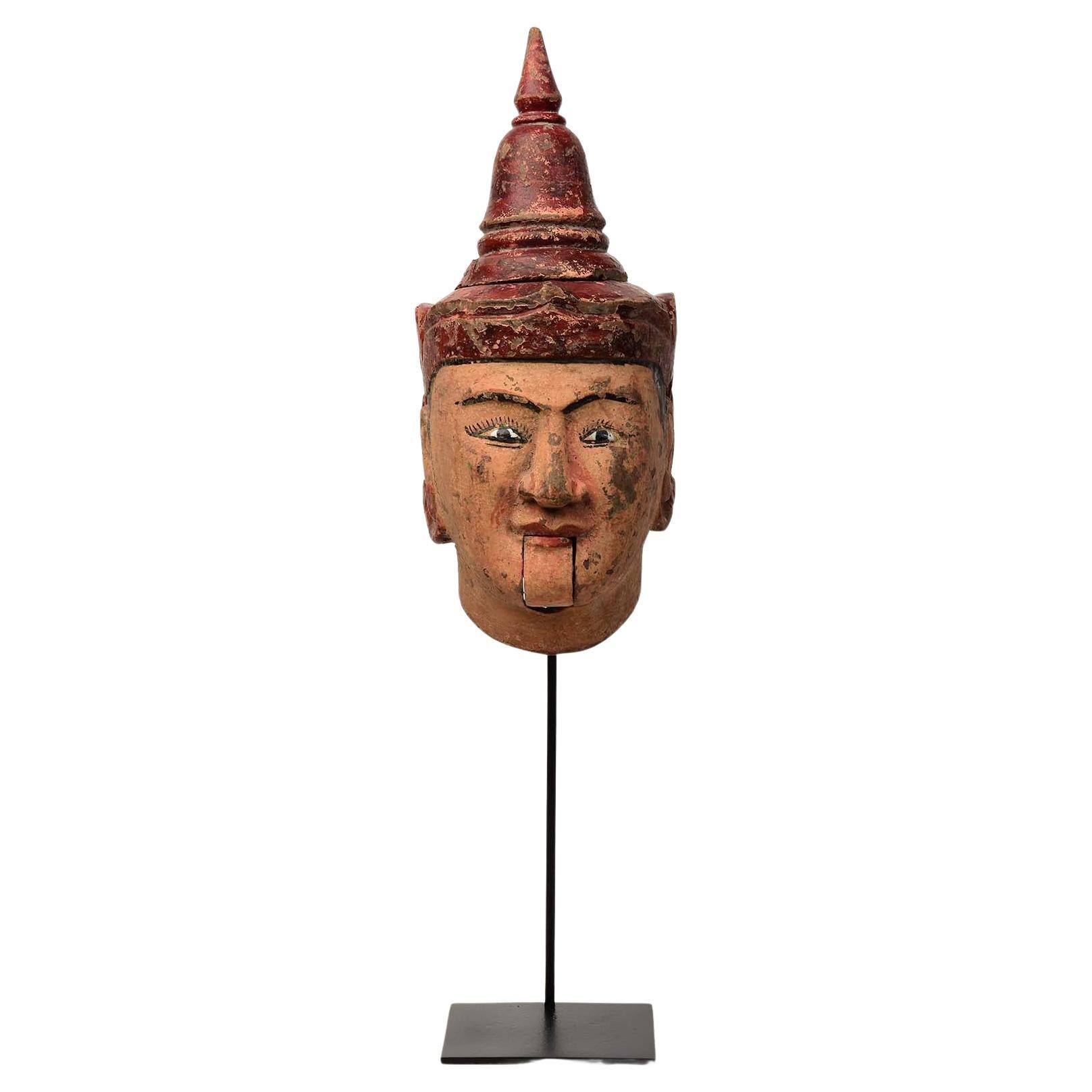 20th Century, Burmese Wooden Puppet Head with Stand For Sale