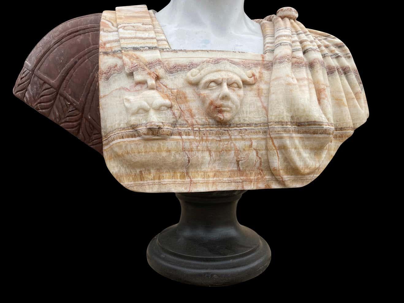 20th Century Bust of Roman Hand Carved in Carrara White and African Onyx Marble For Sale 14