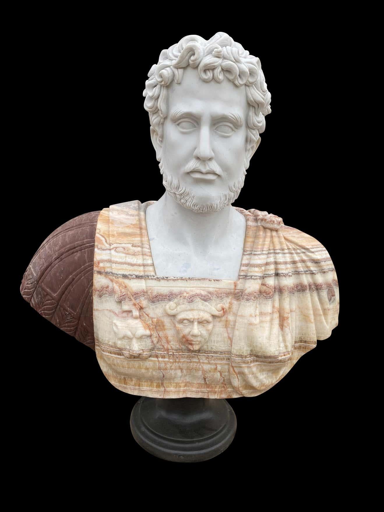 European 20th Century Bust of Roman Hand Carved in Carrara White and African Onyx Marble For Sale