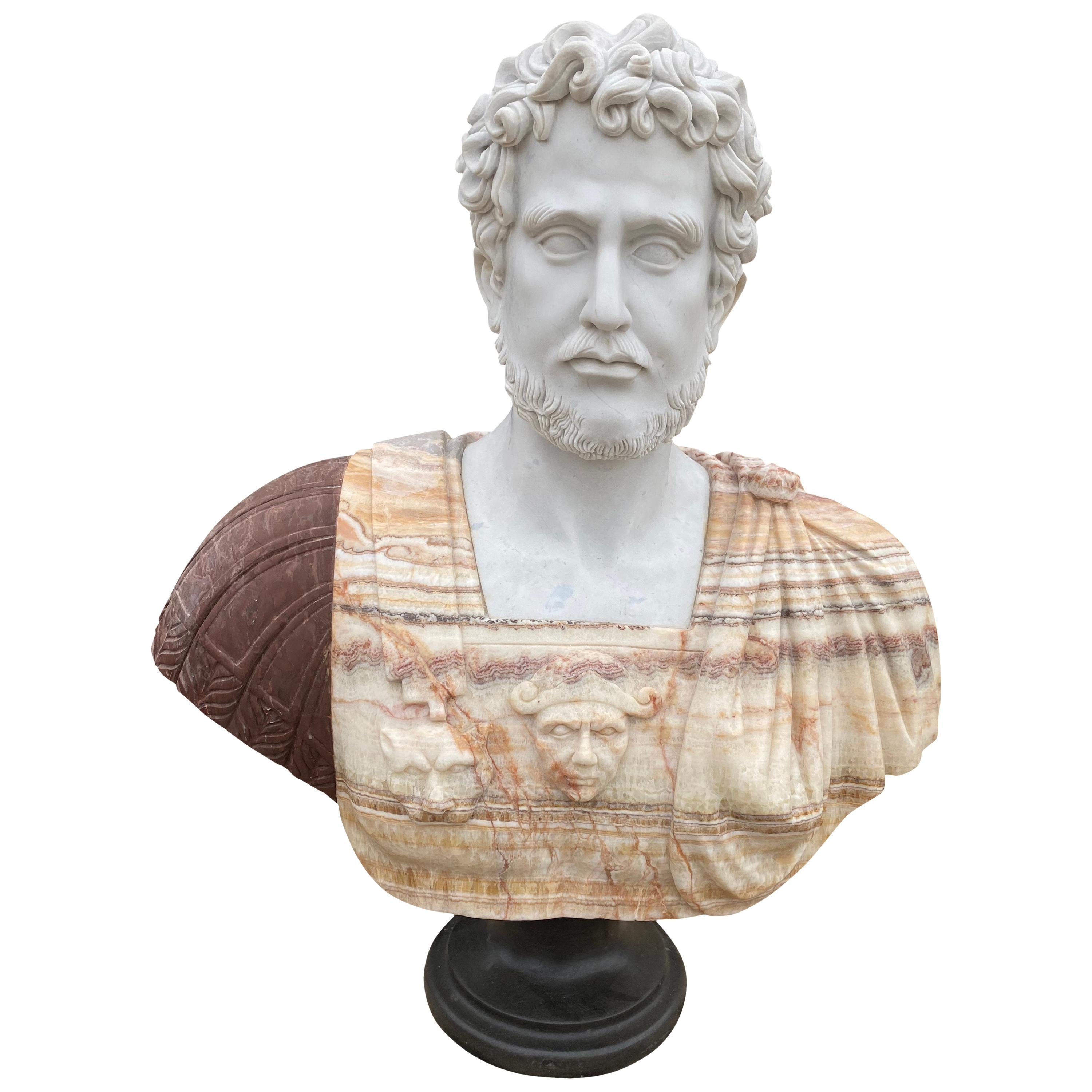 20th Century Bust of Roman Hand Carved in Carrara White and African Onyx Marble For Sale