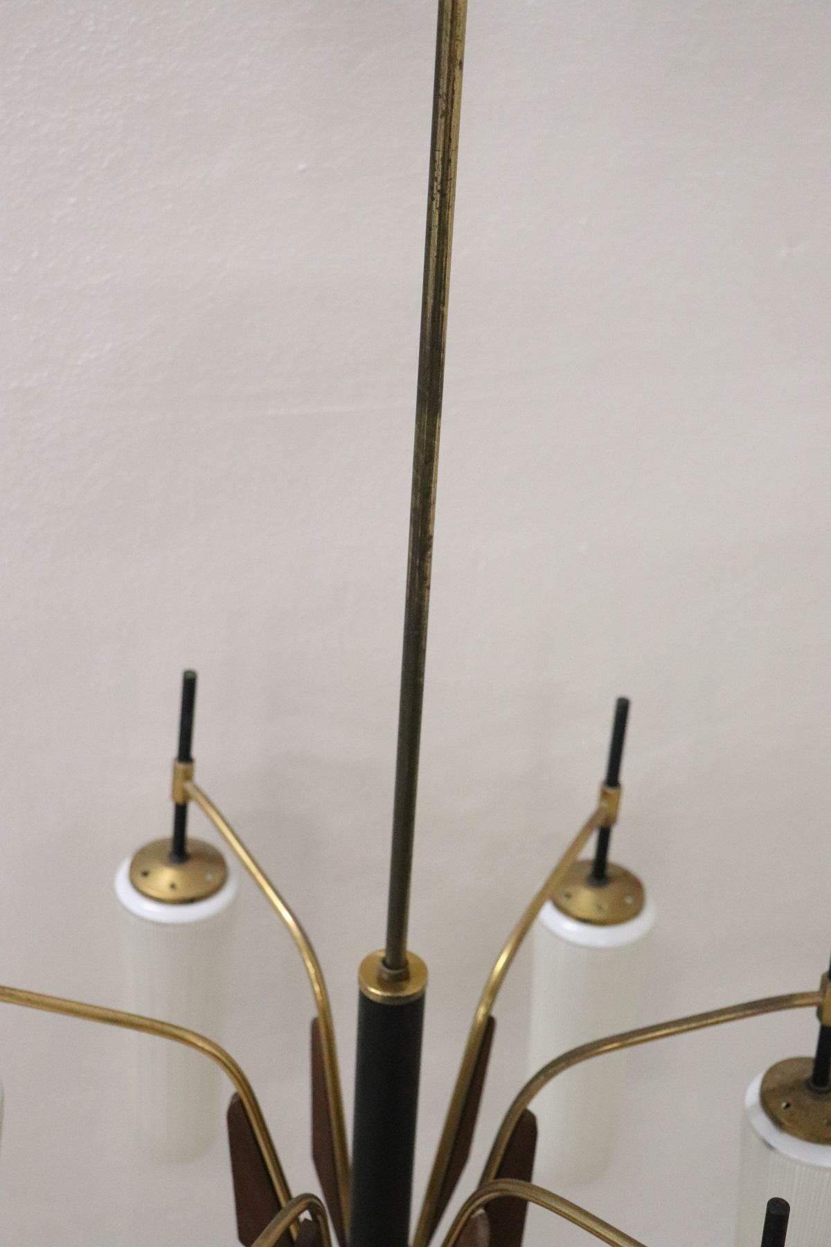 Mid-20th Century Stilnovo Attributed Enamel and Brass Italian Design Chandelier, 1960s For Sale