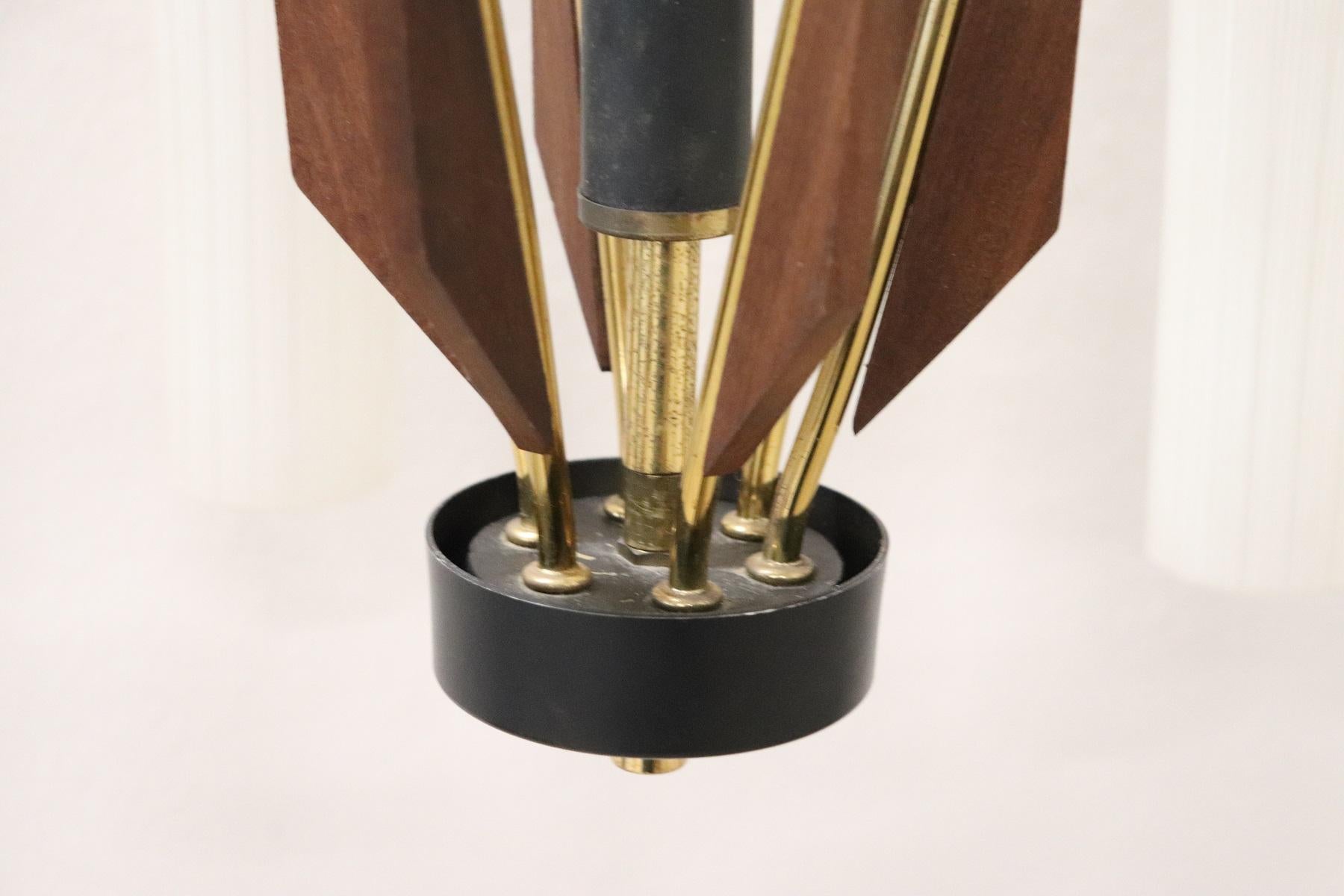 Mahogany Stilnovo Attributed Enamel and Brass Italian Design Chandelier, 1960s For Sale