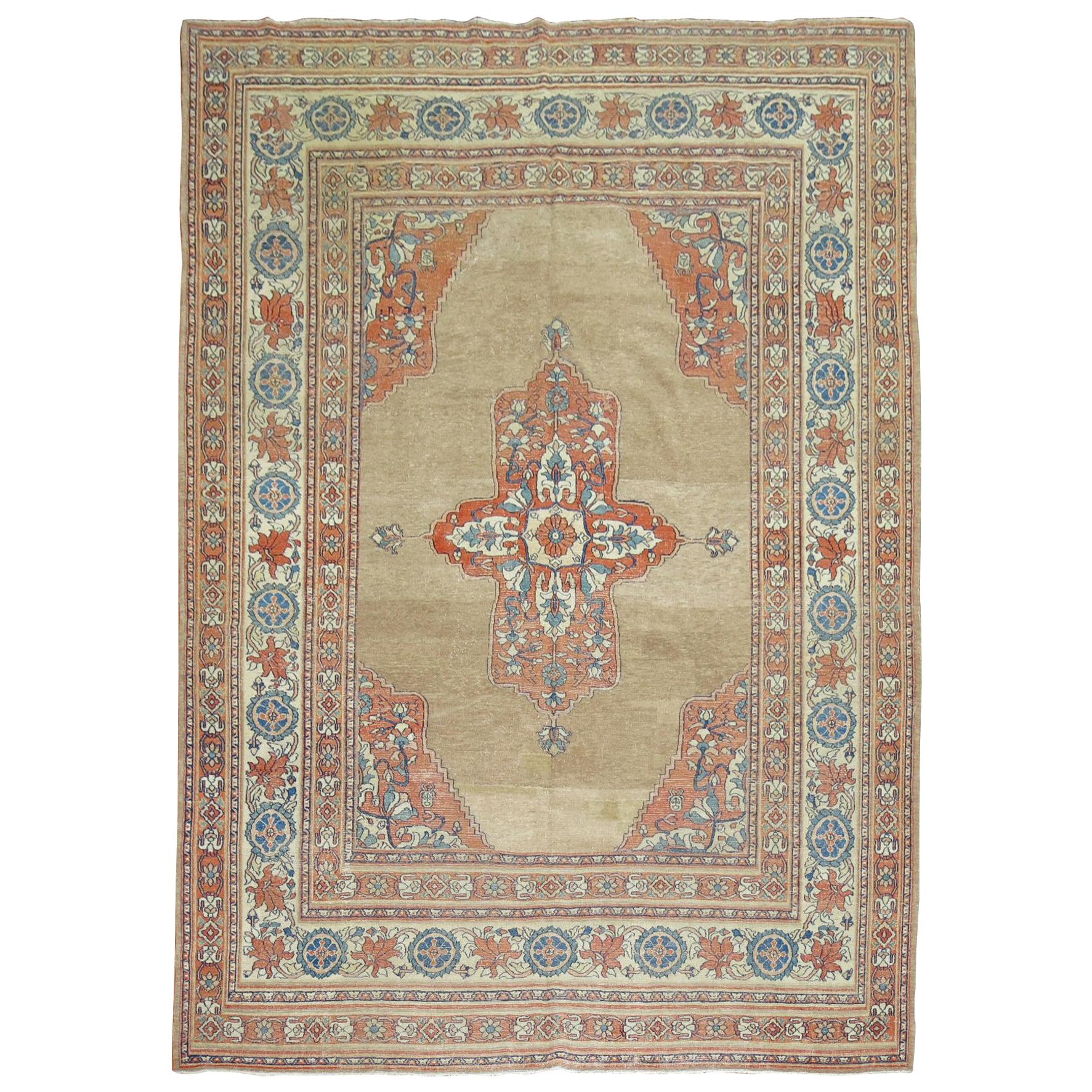 20th Century Camel Orange Blue Color Persian Open Medallion Room Size Rug