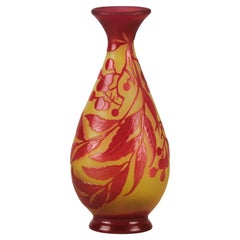 20th Century Cameo Glass Vase Entitled "Red Floral Cabinet Vase" by Émile Gallé