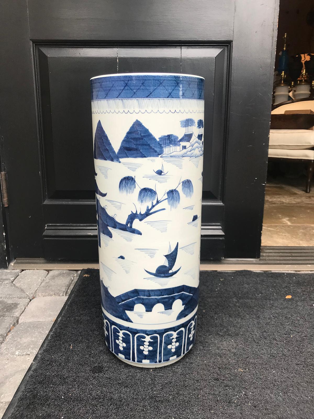 20th century canton style blue and white porcelain umbrella stand.