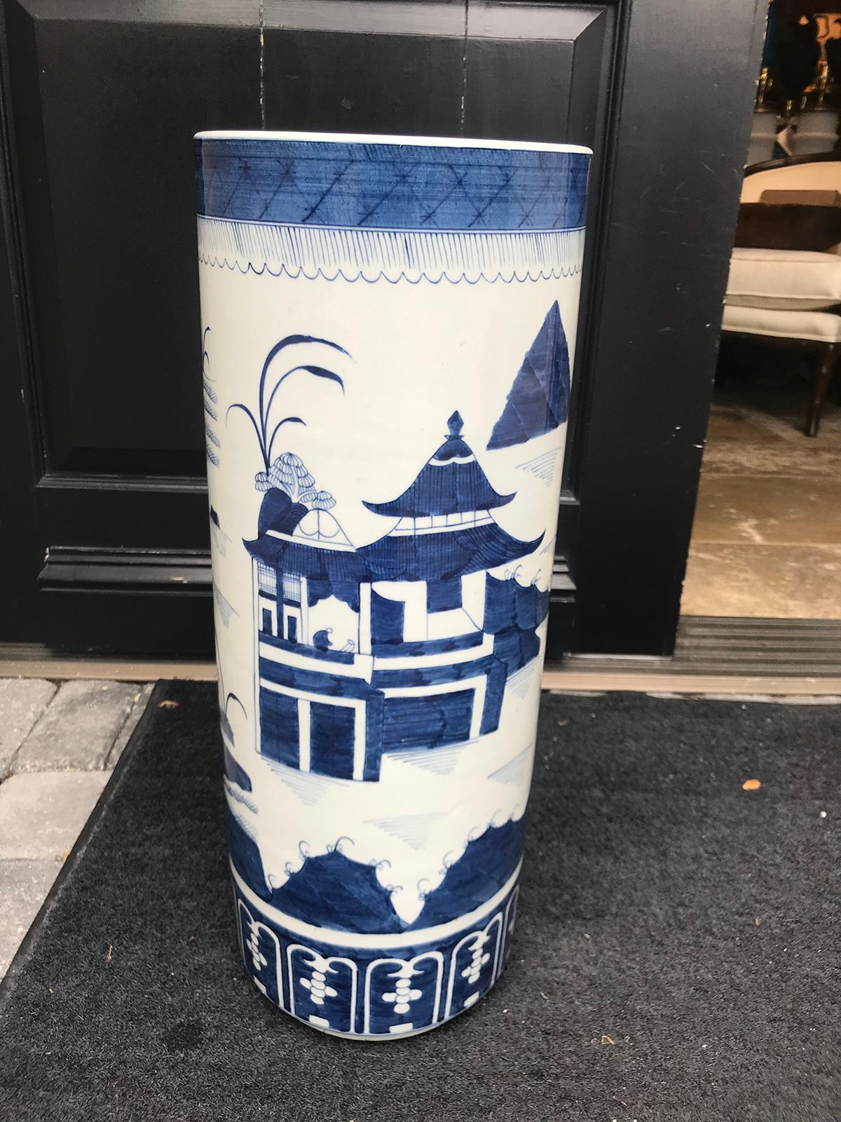 20th Century Canton Style Blue and White Porcelain Umbrella Stand 3