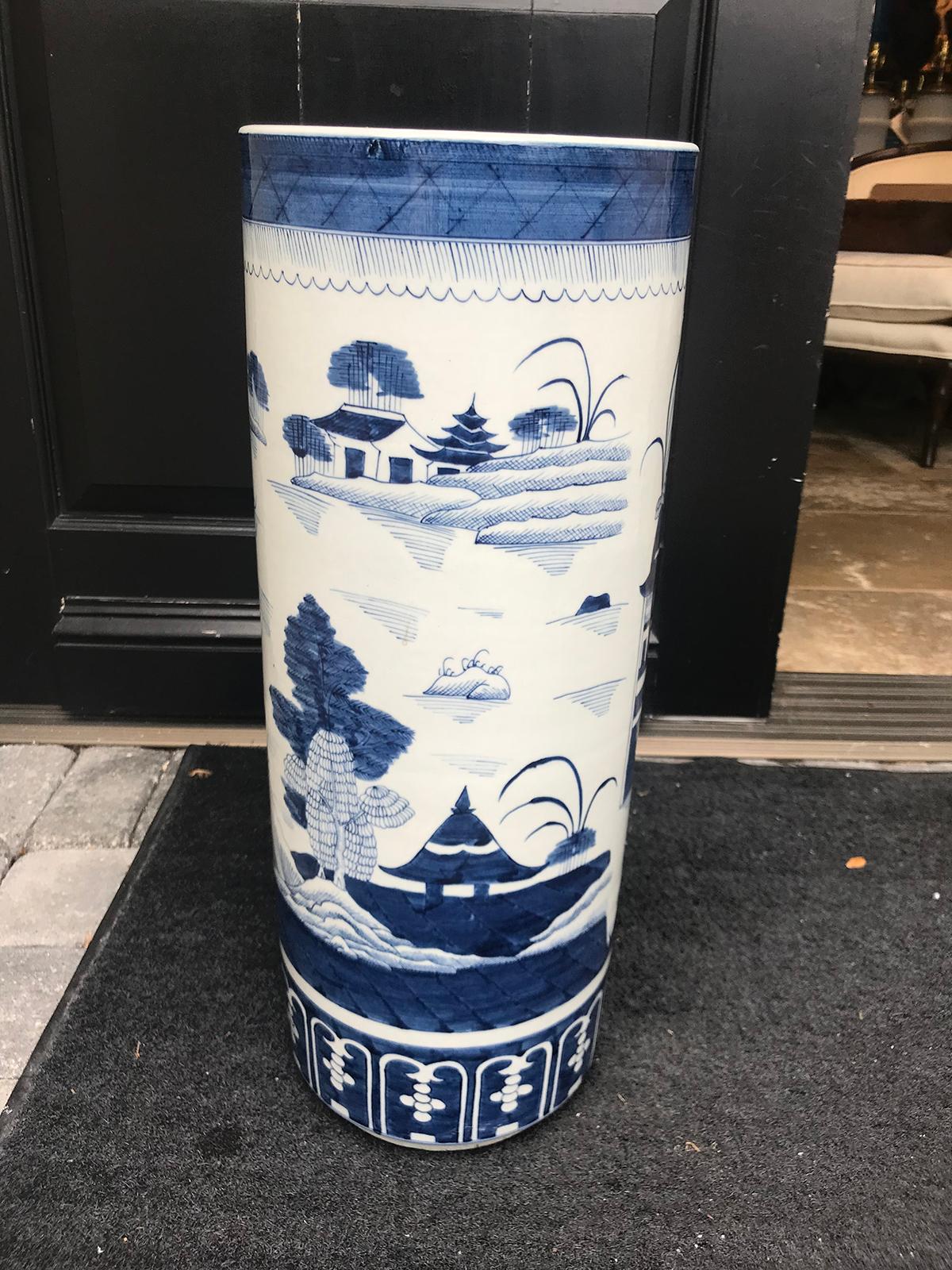 20th Century Canton Style Blue and White Porcelain Umbrella Stand 4