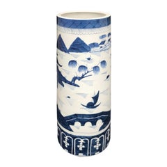Schirmständer aus blauem und weißem Porzellan im Kanton-Stil des 20. Jahrhunderts