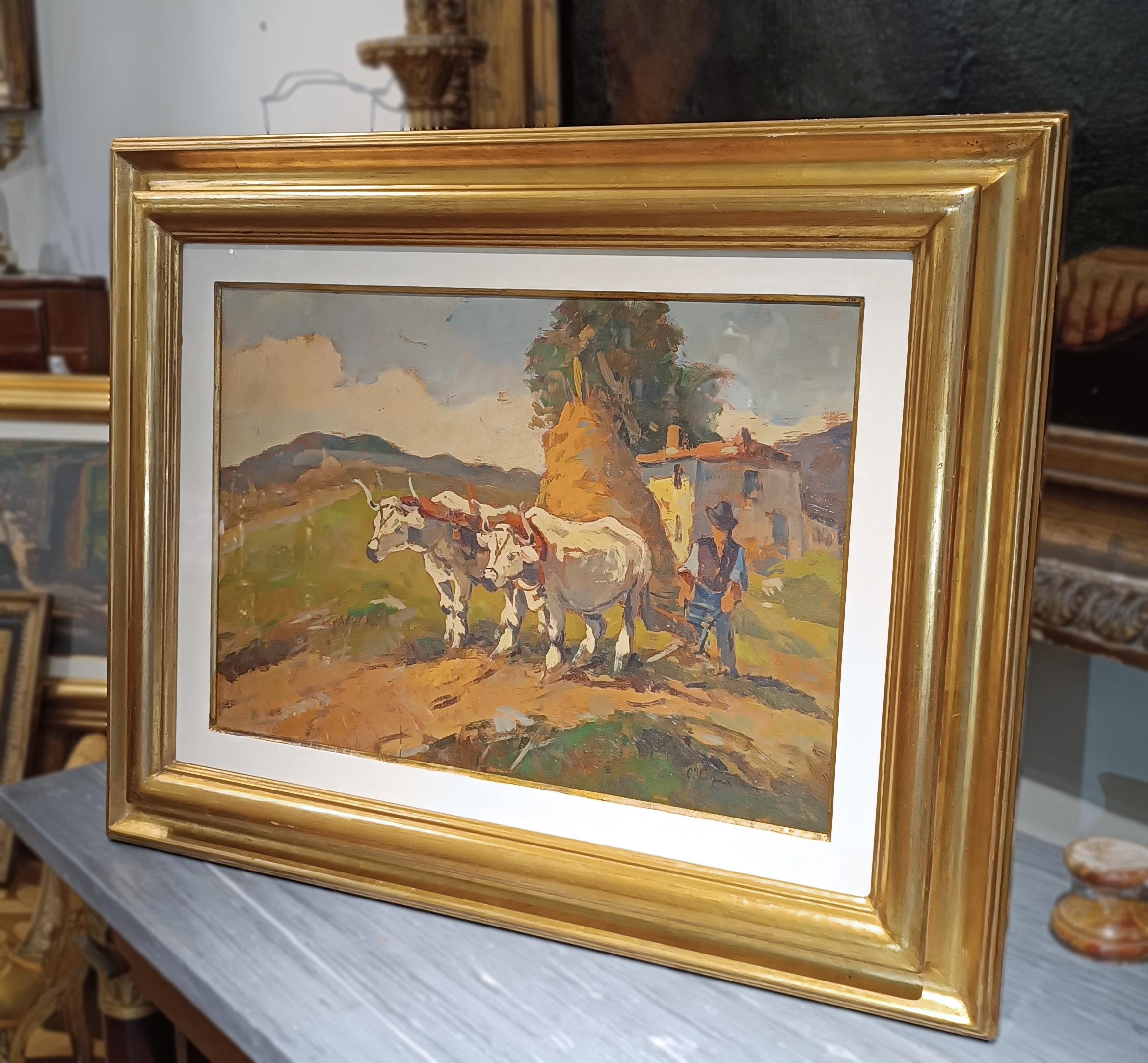 Italian 20th CENTURY CARLO DOMENICI'S RURAL SCENE WITH OXEN AND PLOW  For Sale