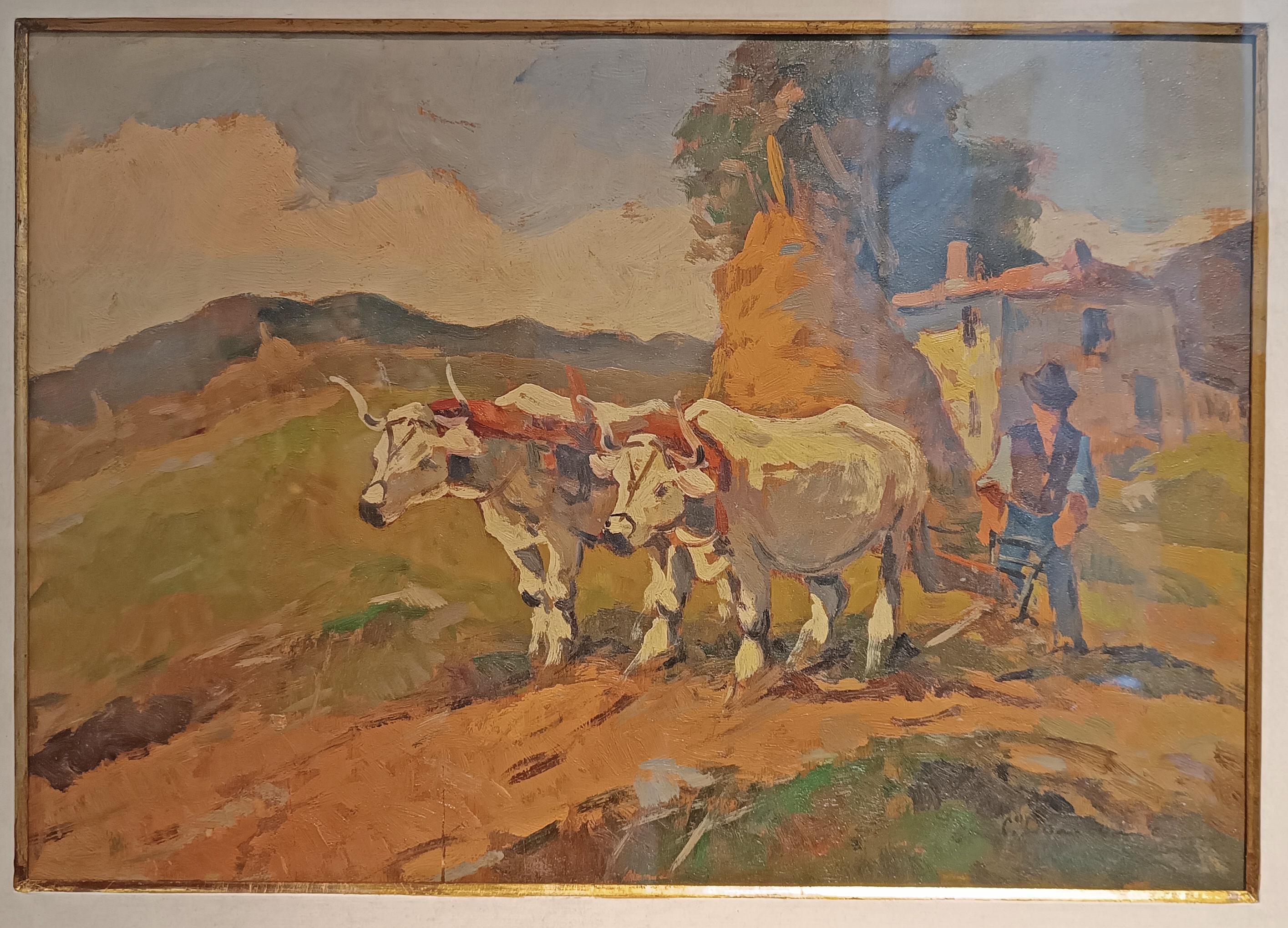 Oiled 20th CENTURY CARLO DOMENICI'S RURAL SCENE WITH OXEN AND PLOW  For Sale