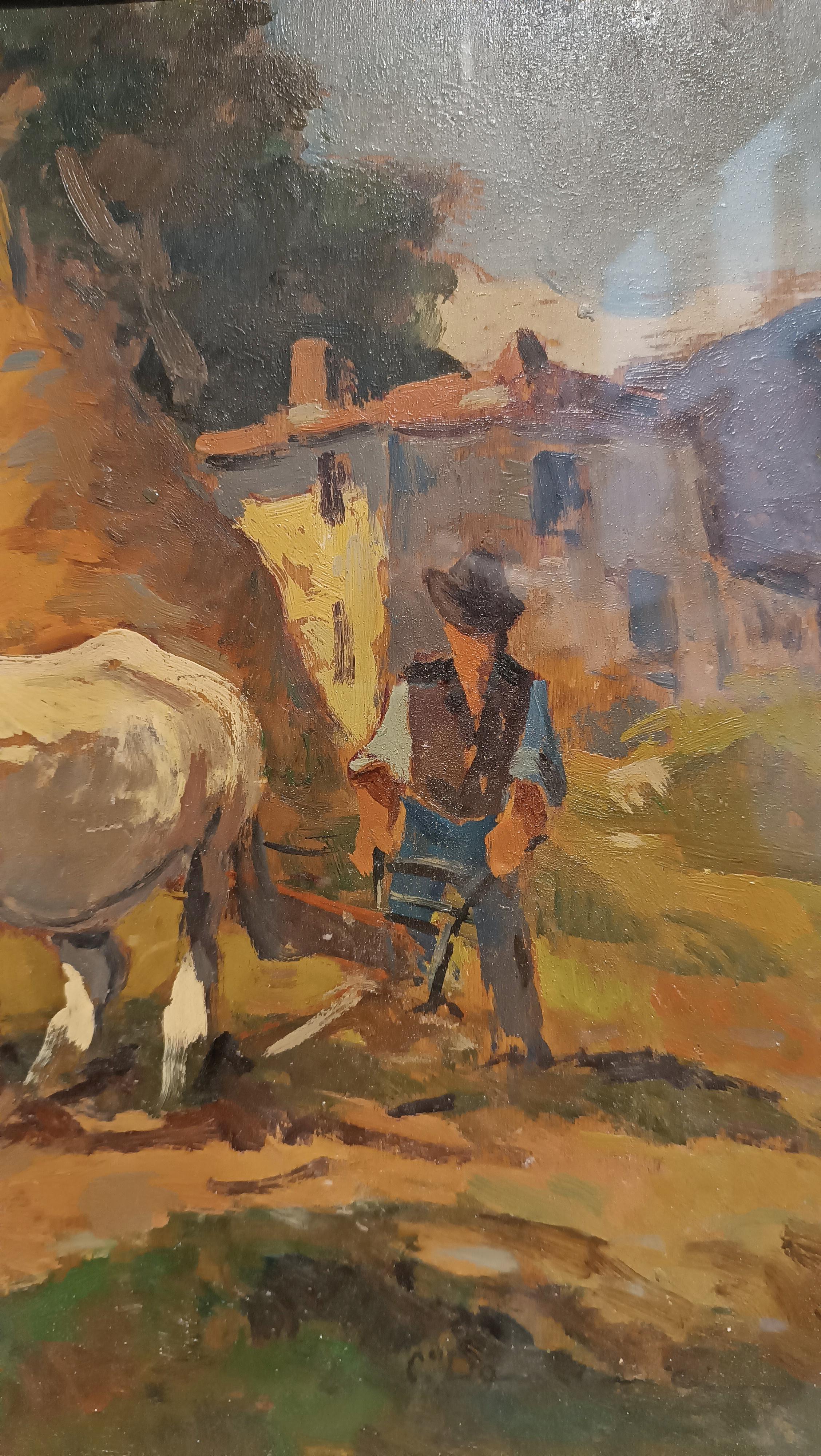 20th CENTURY CARLO DOMENICI'S RURAL SCENE WITH OXEN AND PLOW  In Good Condition For Sale In Firenze, FI