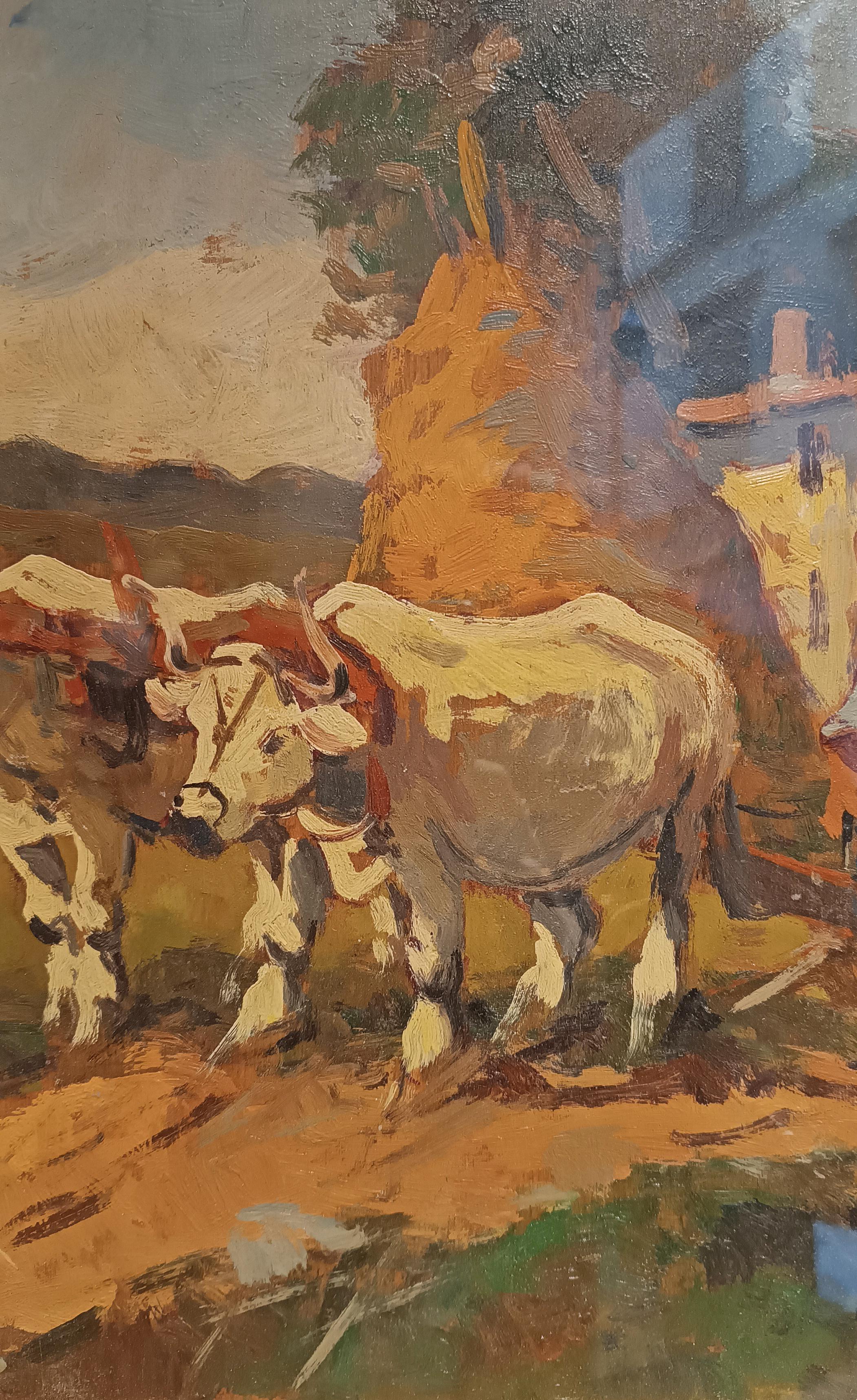 20th Century 20th CENTURY CARLO DOMENICI'S RURAL SCENE WITH OXEN AND PLOW  For Sale