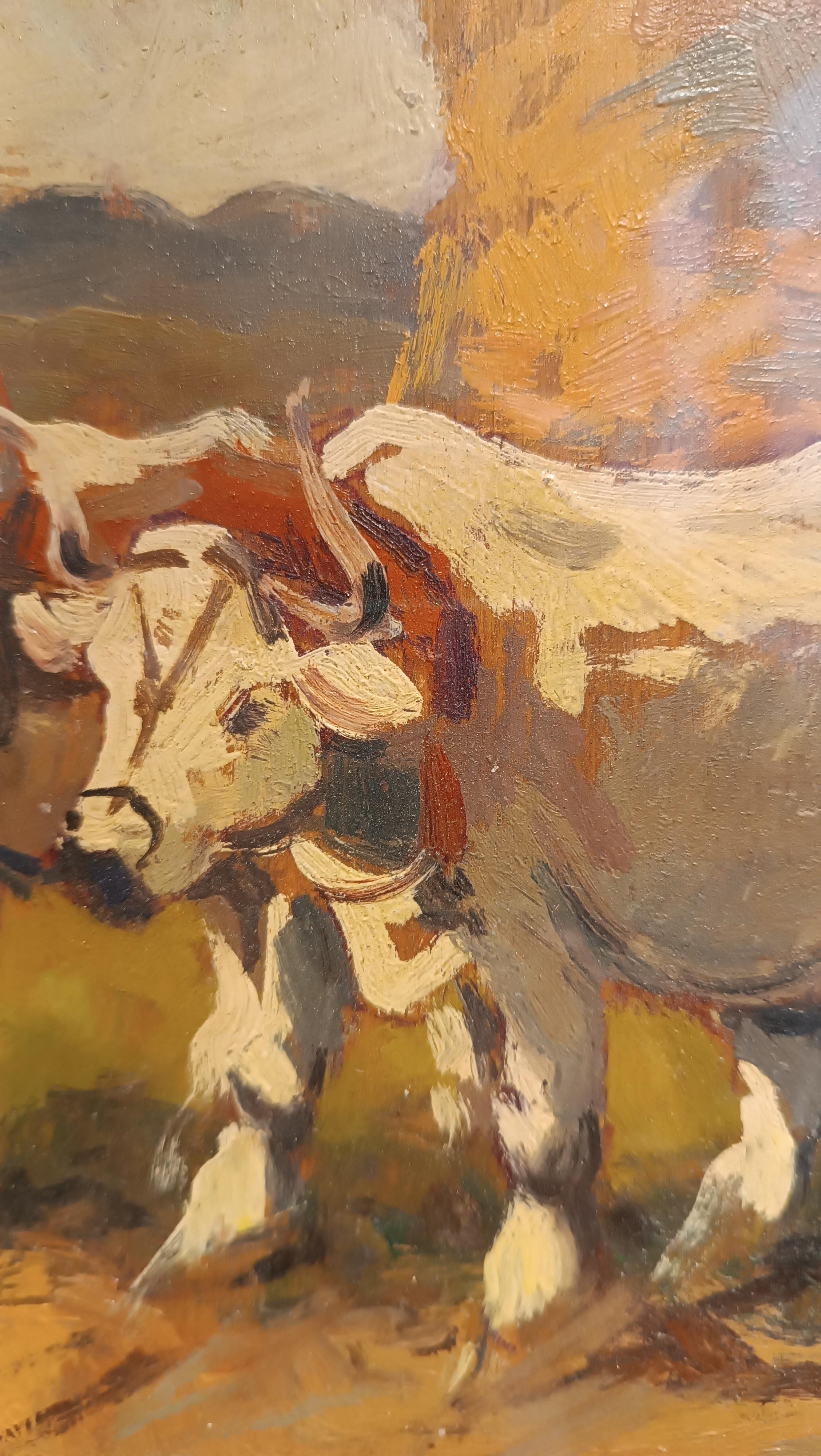 20th CENTURY CARLO DOMENICI'S RURAL SCENE WITH OXEN AND PLOW  For Sale 1