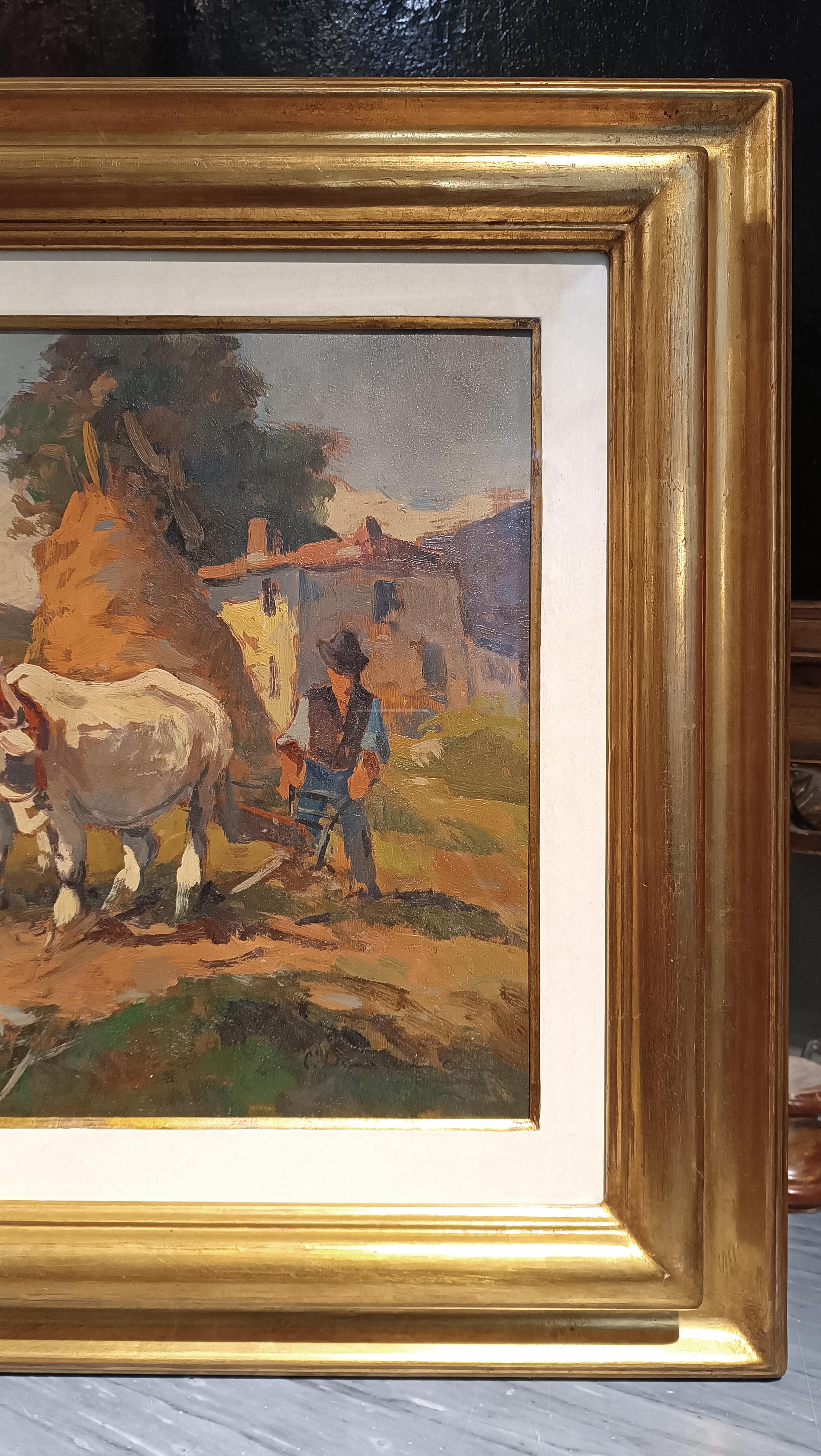 20th CENTURY CARLO DOMENICI'S RURAL SCENE WITH OXEN AND PLOW  For Sale 2