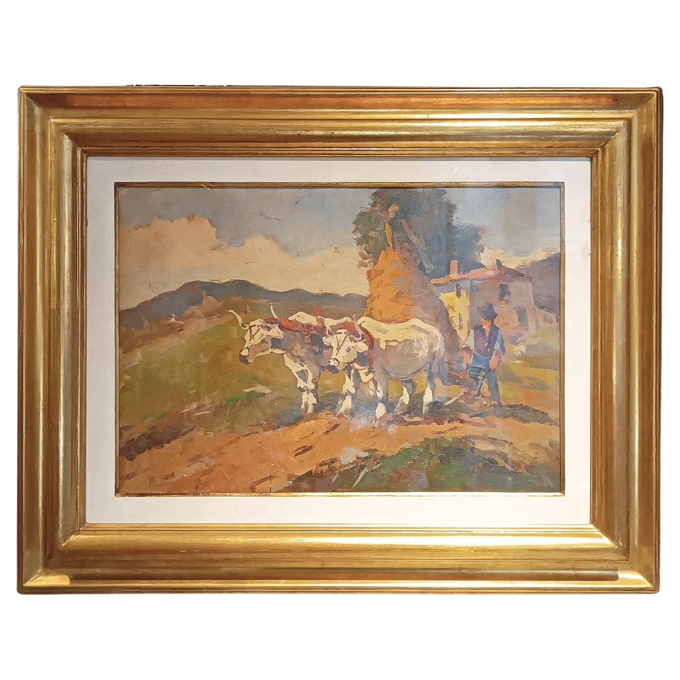 20th CENTURY CARLO DOMENICI'S RURAL SCENE WITH OXEN AND PLOW 